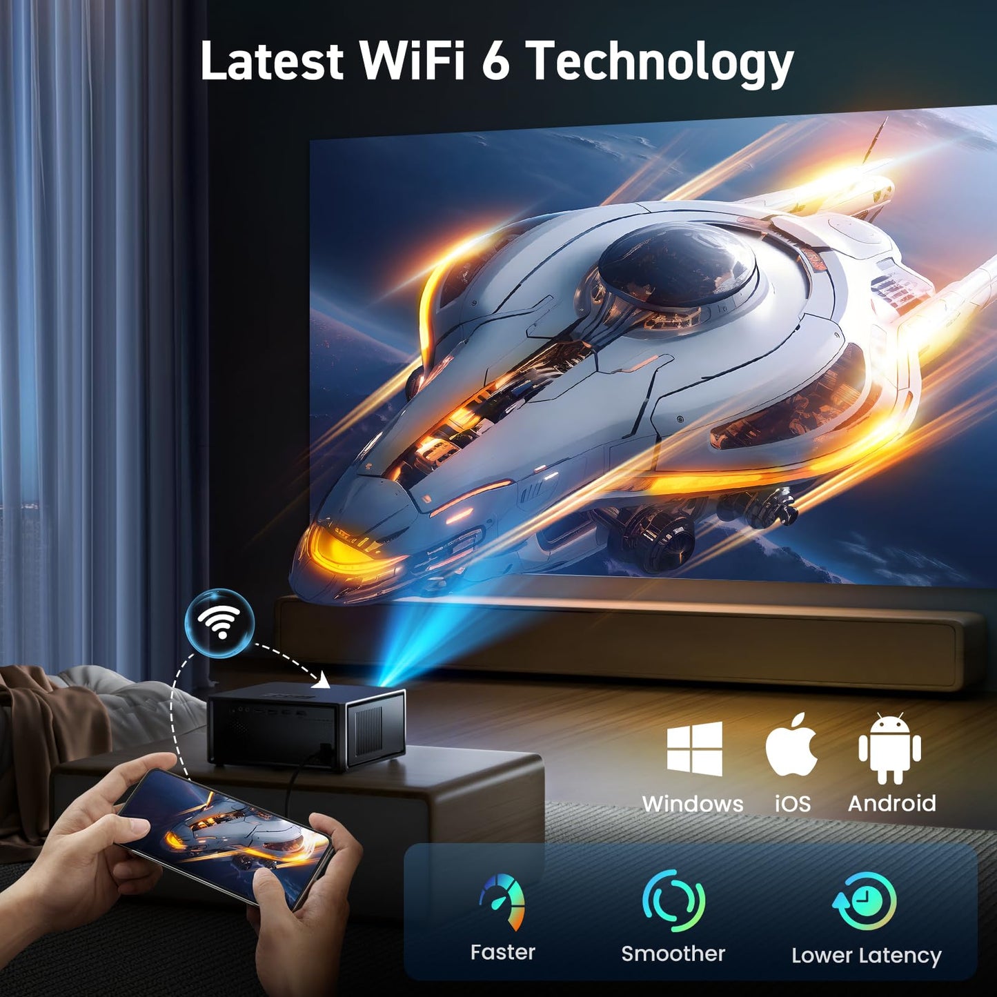 [Short Throw/2500 ANSI/E-Focus] SOPYOU 4K Decoding Projector with WiFi and Bluetooth, Outdoor Movie Projectors, Max 450" Display Home Theater