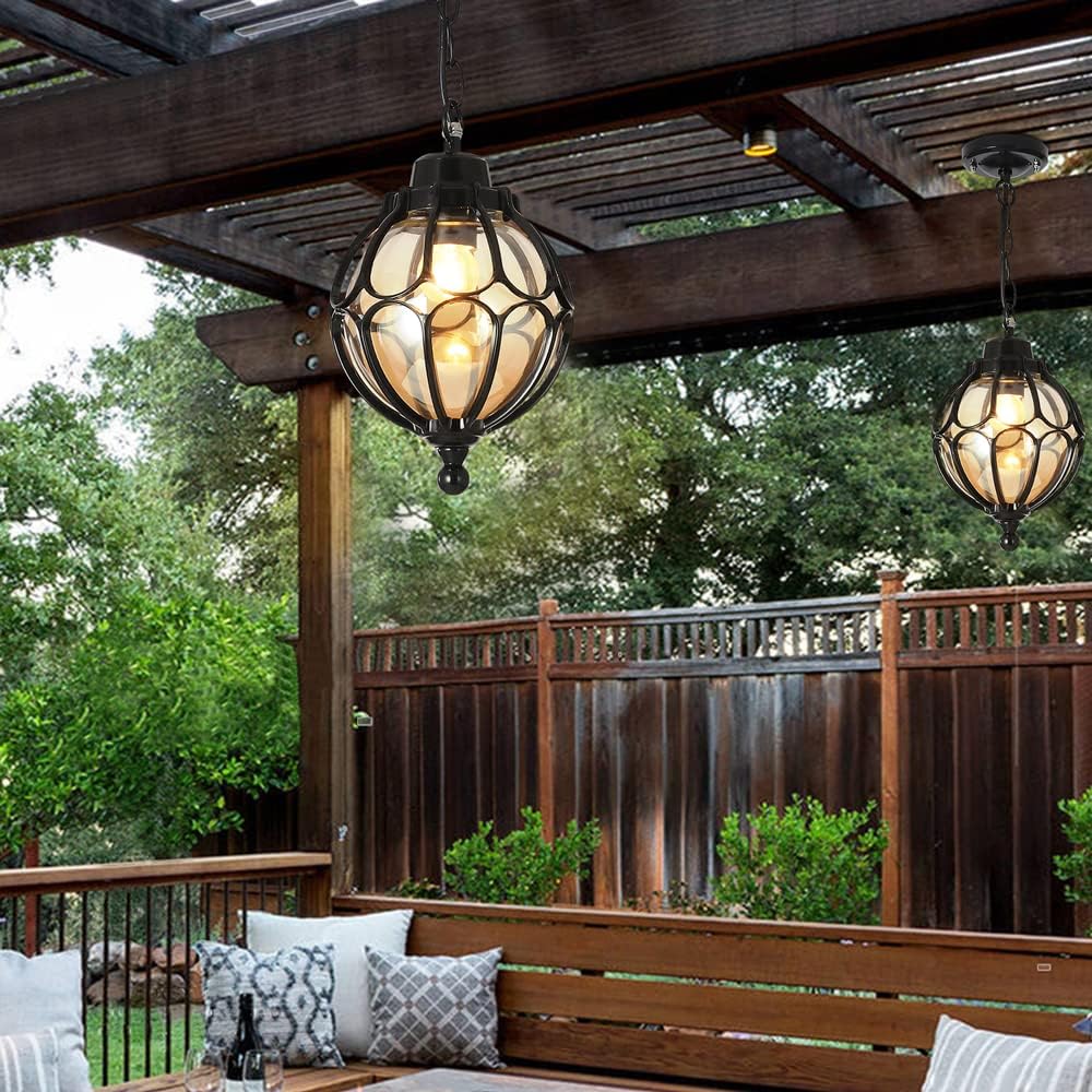 SLAWA Outdoor Pendant Light For Porch Farmhouse Exterior Hanging Lights With Adjustable Chain Anti-Rust Aluminum With Ball Amber Glass Waterproof