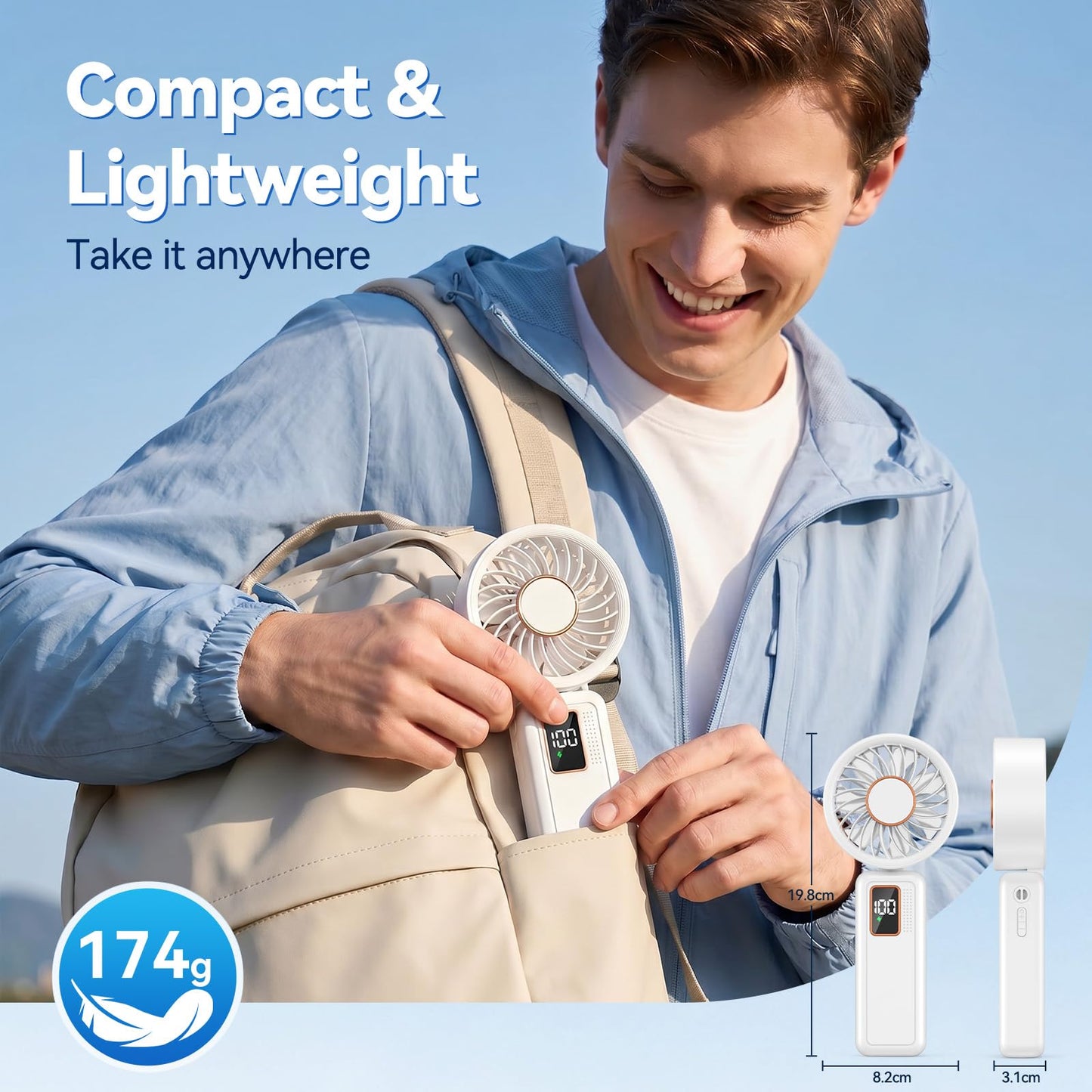 Handheld Fan, 5 Speed & 14H Cooling Time Portable Fan, 6000mAh USB Rechargeable Mini Fan with LED Display, Powerful but Quiet, Foldable Desk Fan