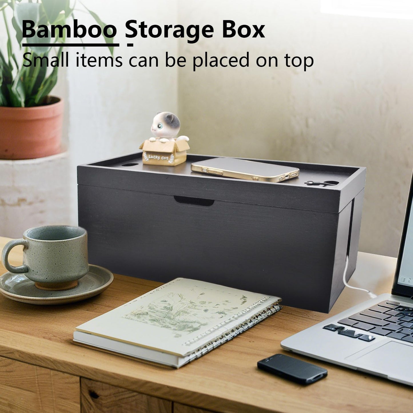 15 inch Bamboo Large Cable Management Box, Cable Box Organizer Cord Box Hider - Power Strip Box Hider Cable Storage Box for Office, TV Wires, Desk