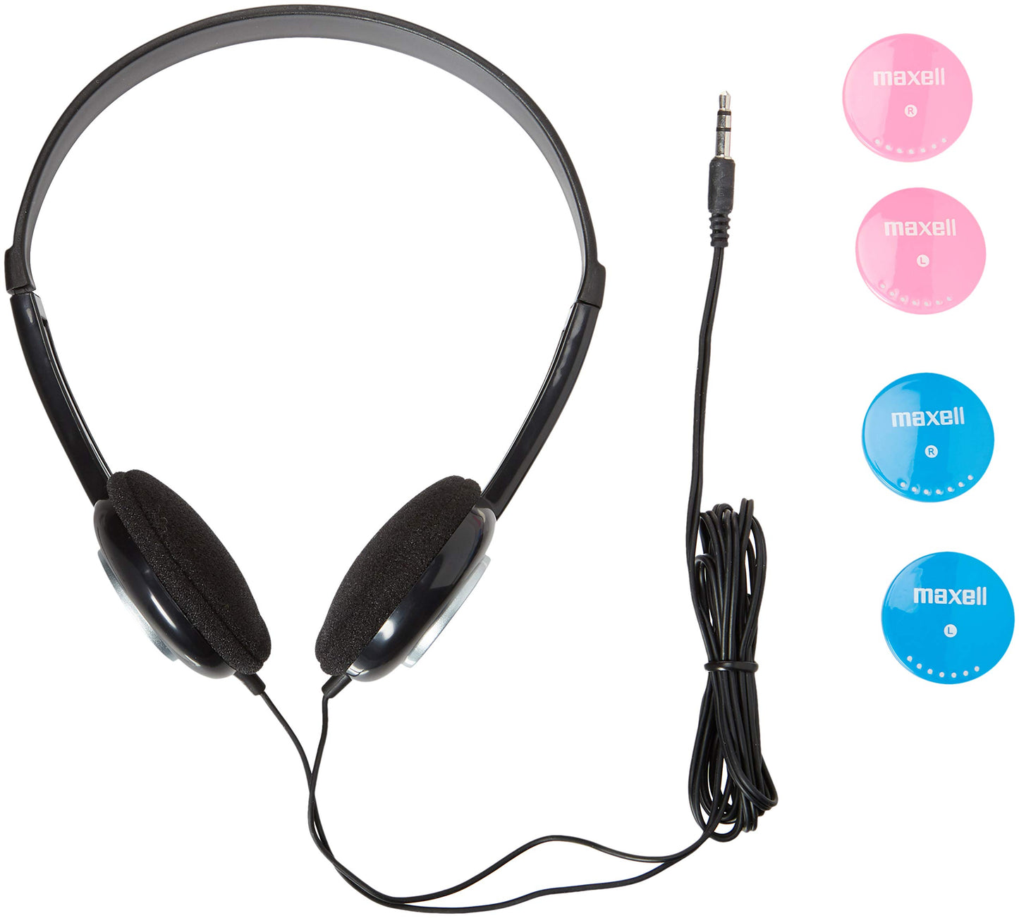 Maxell Kids Safe Headphones, 4 ft Cord, Black with Interchangeable Pink/Blue/Silver Caps