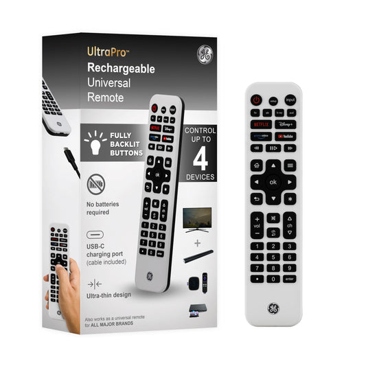 GE Rechargeable TV Remote Control, Universal Remote Control, Backlit Buttons, Samsung TV Remote Control Replacement for Smart TVs, Apple TV, Sony
