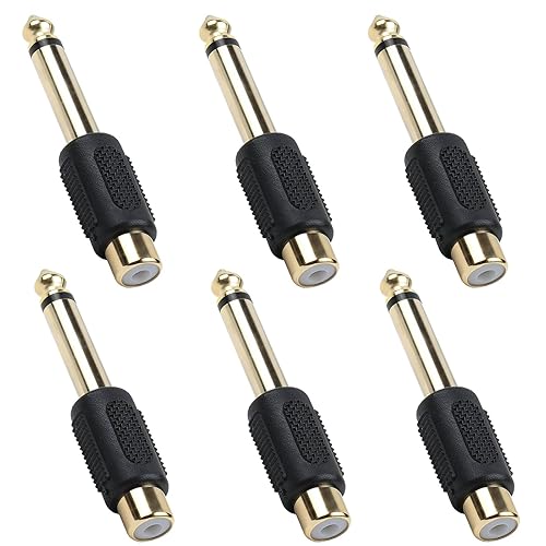 Brvlsoc RCA to 1/4" Audio Adapter (6-Pack) - 6.35mm Mono Male Plug to RCA Female Connector, Gold-Plated Audio Jack for Speakers, Amps, Instruments