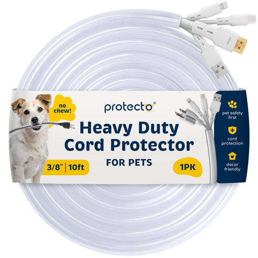 PROTECTO Heavy Duty Cord Protectors from Pets No Chew Solution, 10ft Easy to Use Dog & Cat Cord Protector, Clear & Odorless Critter Cord Covers