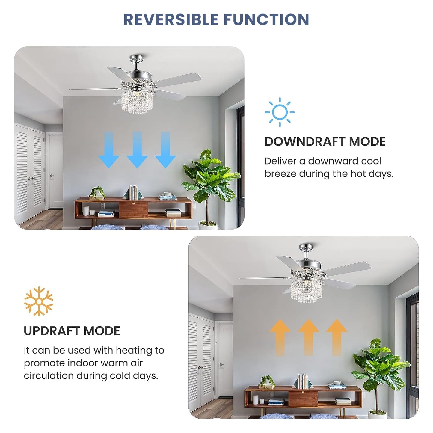 CROSSIO 52 Inch Crystal Ceiling Fan with Light and Remote Control