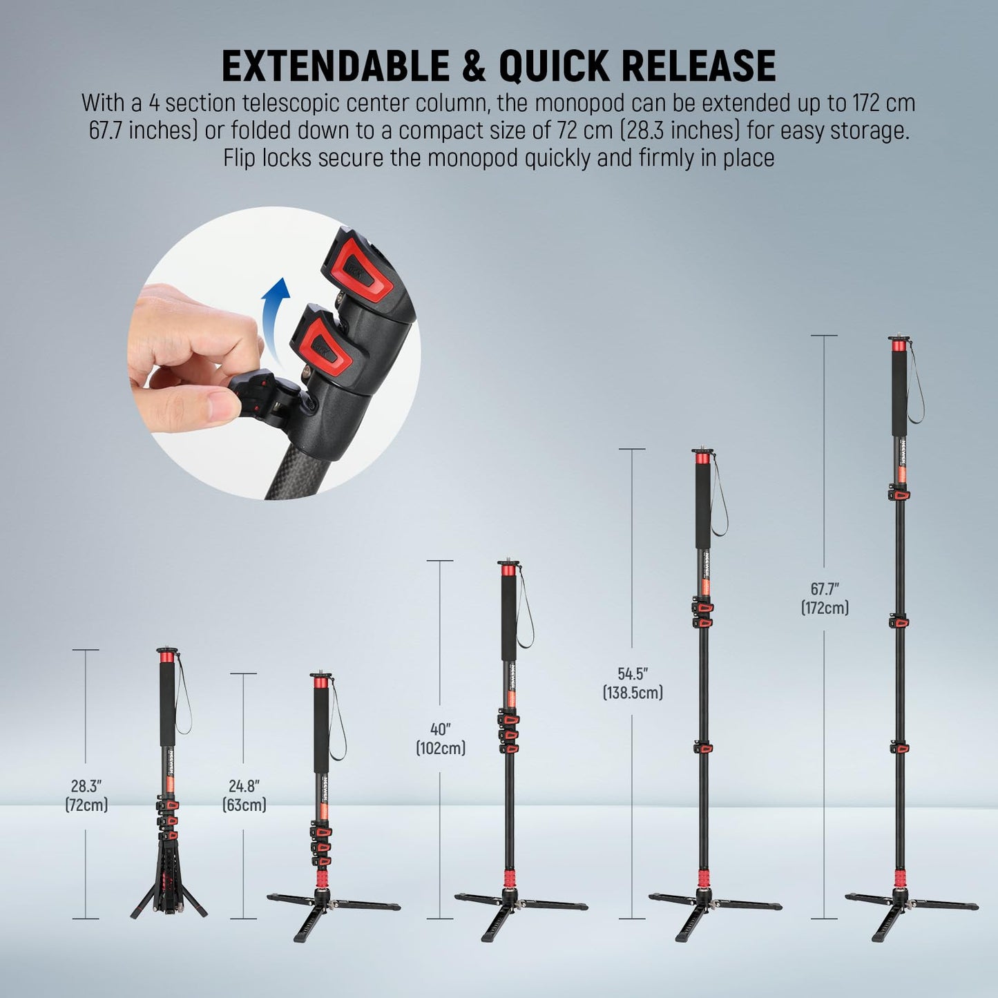 NEEWER 67.7" Camera Monopod Stand, Lightweight Carbon Fiber Travel Tripod with Detachable Base for DSLR Camcorder Video Recording, Telescopic Selfie
