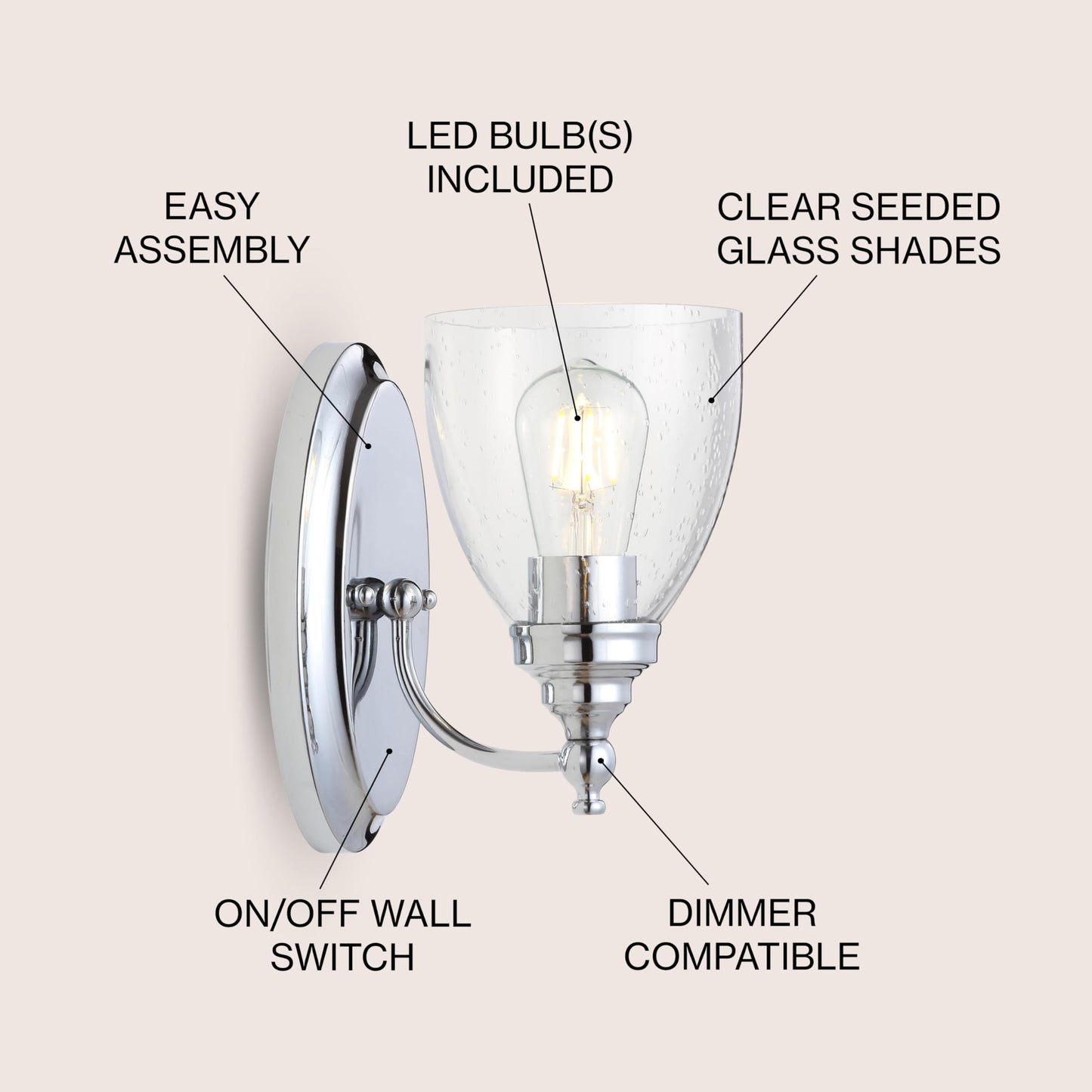 JONATHAN Y 5.5" Chrome LED Vanity Light Wall Sconce, Hardwired for Bathroom, Clear Seeded Glass Shade, Dimmable Mirror Hallway Lighting, LED Bulb