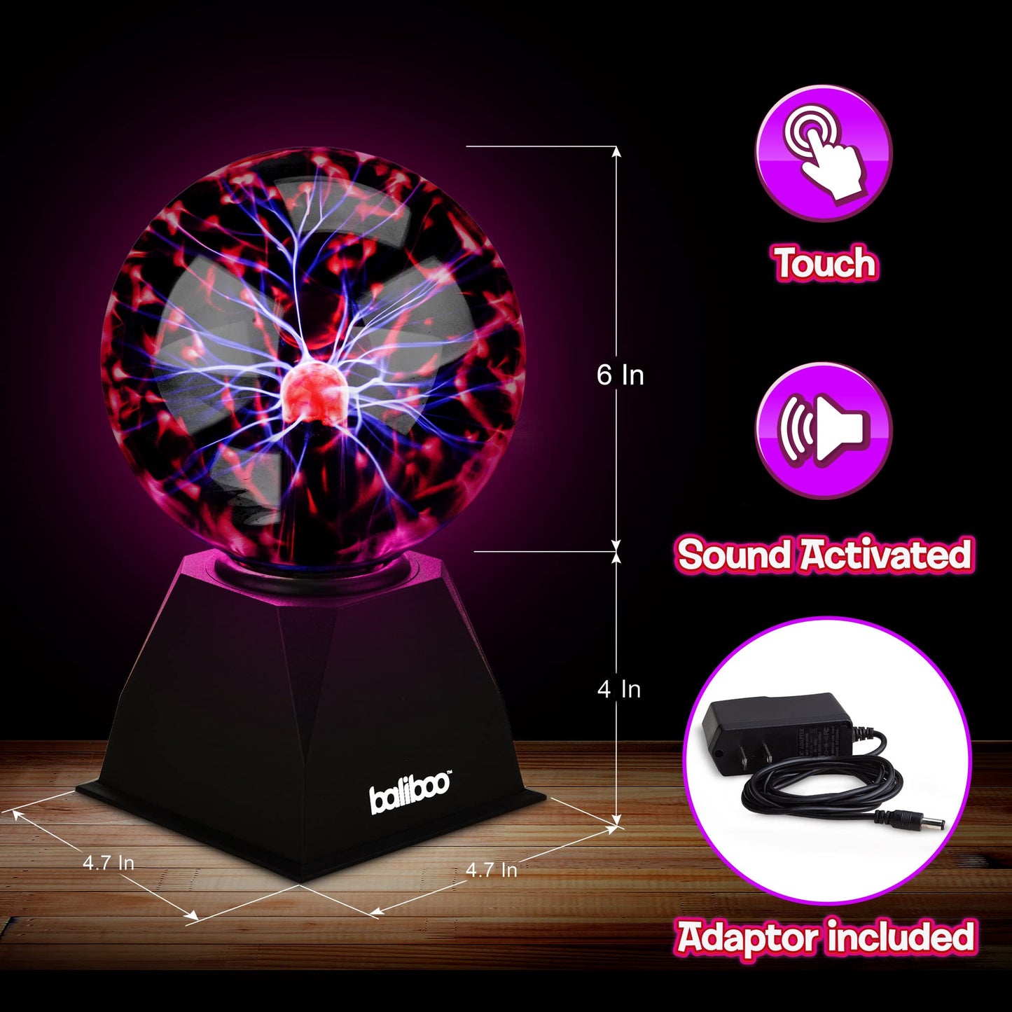 BALIBOO 6" Plasma Ball Light - Touch & Sound Sensitive Activated Lightning Globe - 12V Power Adapter Plug Plasma Globe Lamp - Interactive Science