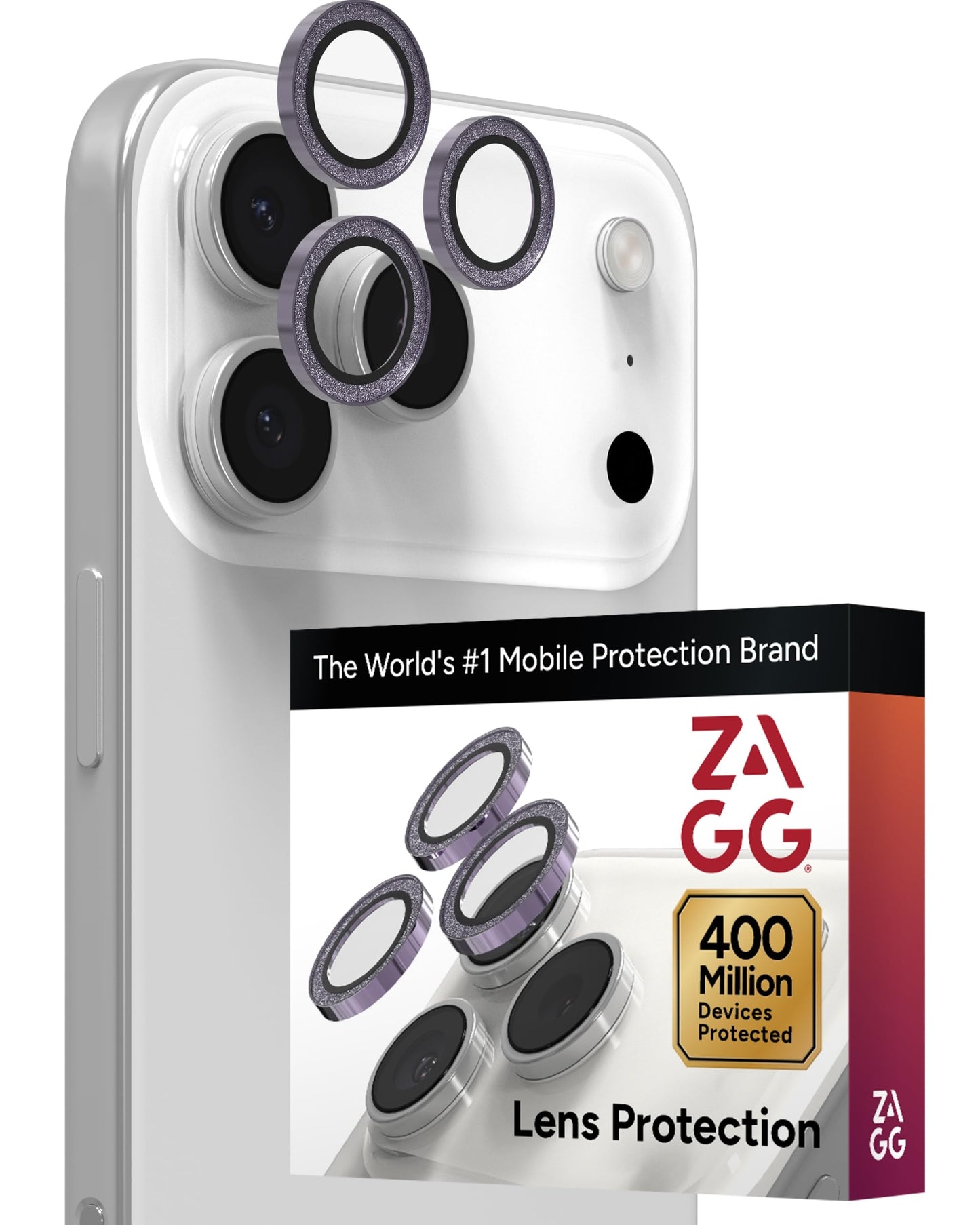 ZAGG iPhone Camera Lens Protector for iPhone 17/16/15 Pro and Pro Max Models - Purple Glitter, Camera Ring, Maximum Impact & Scratch Protection