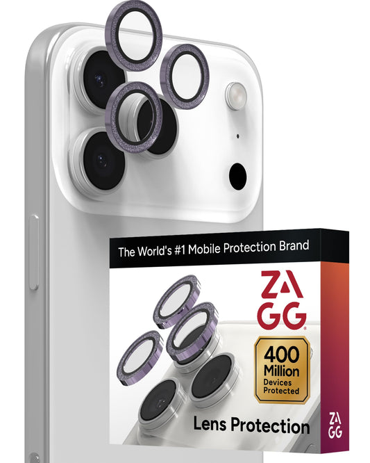 ZAGG iPhone Camera Lens Protector for iPhone 17/16/15 Pro and Pro Max Models - Purple Glitter, Camera Ring, Maximum Impact & Scratch Protection