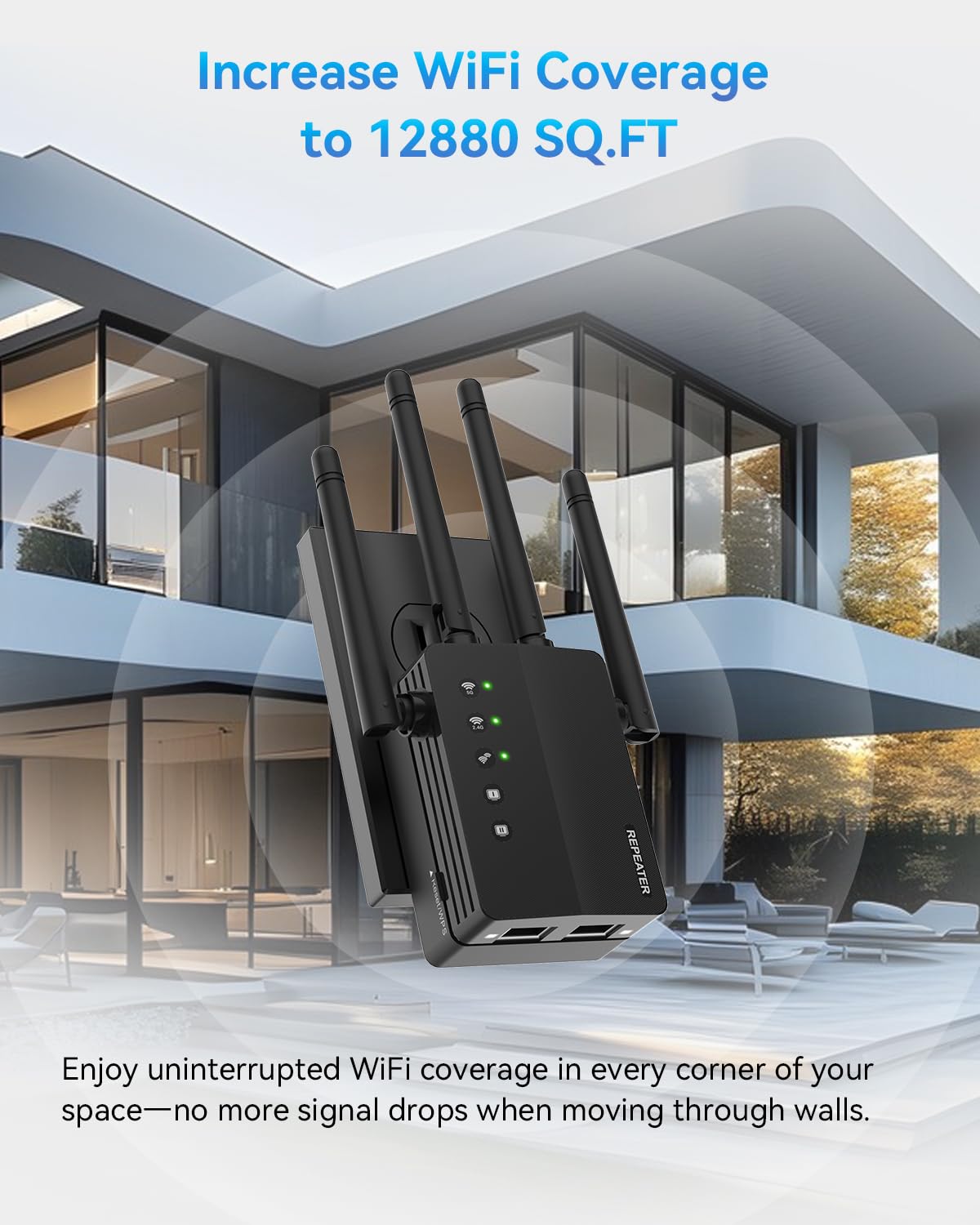 WiFi Extender Signal Booster, Dual Band 2.4/5.8G WiFi Extender - 1200Mbps, 12880 Sq Ft Coverage, 105 Devices & 1-Tap Setup for Home Use
