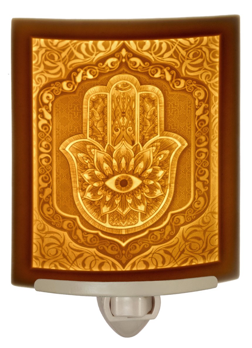 The Porcelain Garden Hamsa - Curved Fine Porcelain Lithophane Night Light, Decorative wall Plug in Nursery, Bedroom Kitchen, Bath, Hallway Evil Eye