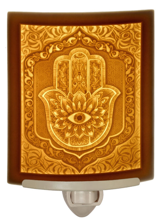 The Porcelain Garden Hamsa - Curved Fine Porcelain Lithophane Night Light, Decorative wall Plug in Nursery, Bedroom Kitchen, Bath, Hallway Evil Eye