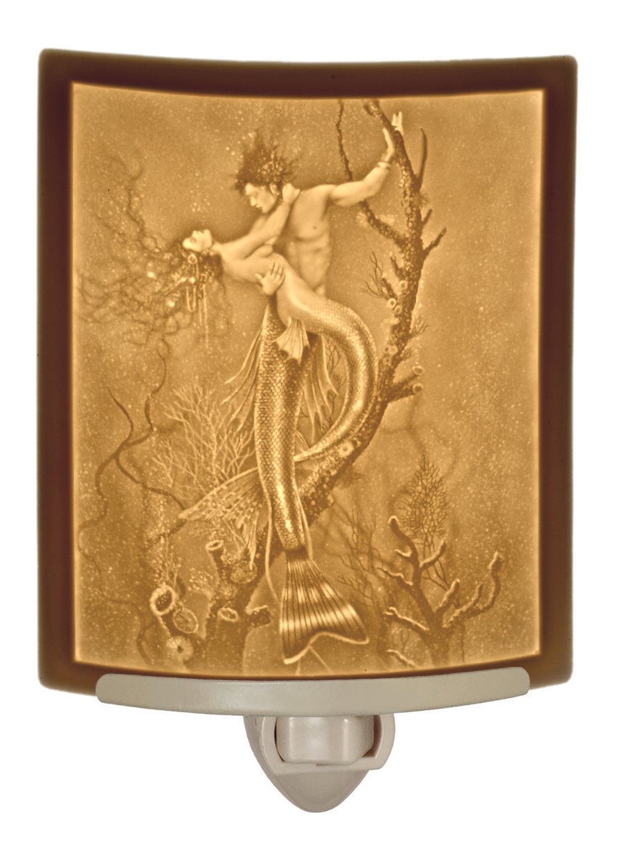 The Porcelain Garden Mermaid & Merman - Porcelain Lithophane Night Light, Art by David Delamare, Made, Decorative wall Plug in for Nursery, Bedroom