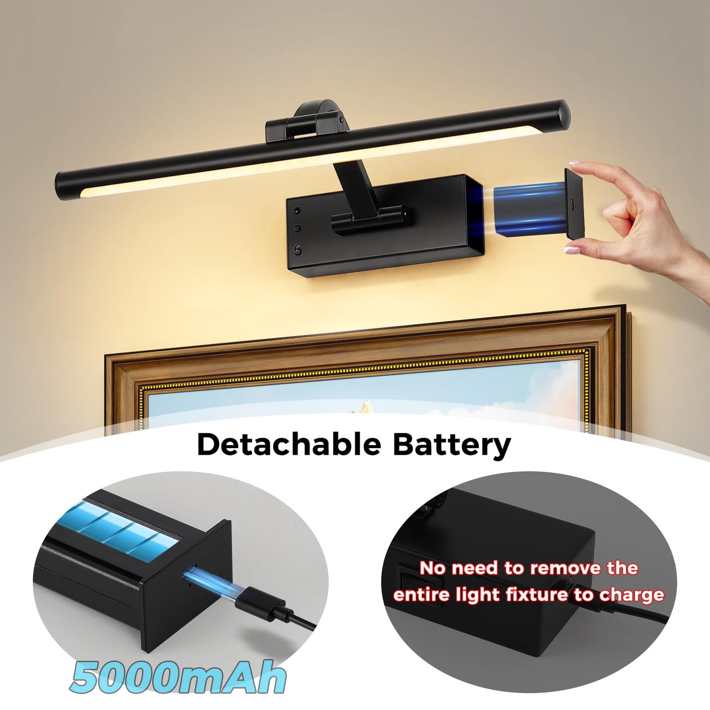 MKBNG Picture Light Removable Battery Charging, 16in Wireless Art Light for Paintings, Dimmable 5000mAh Recharging Battery Picture Light with Remote