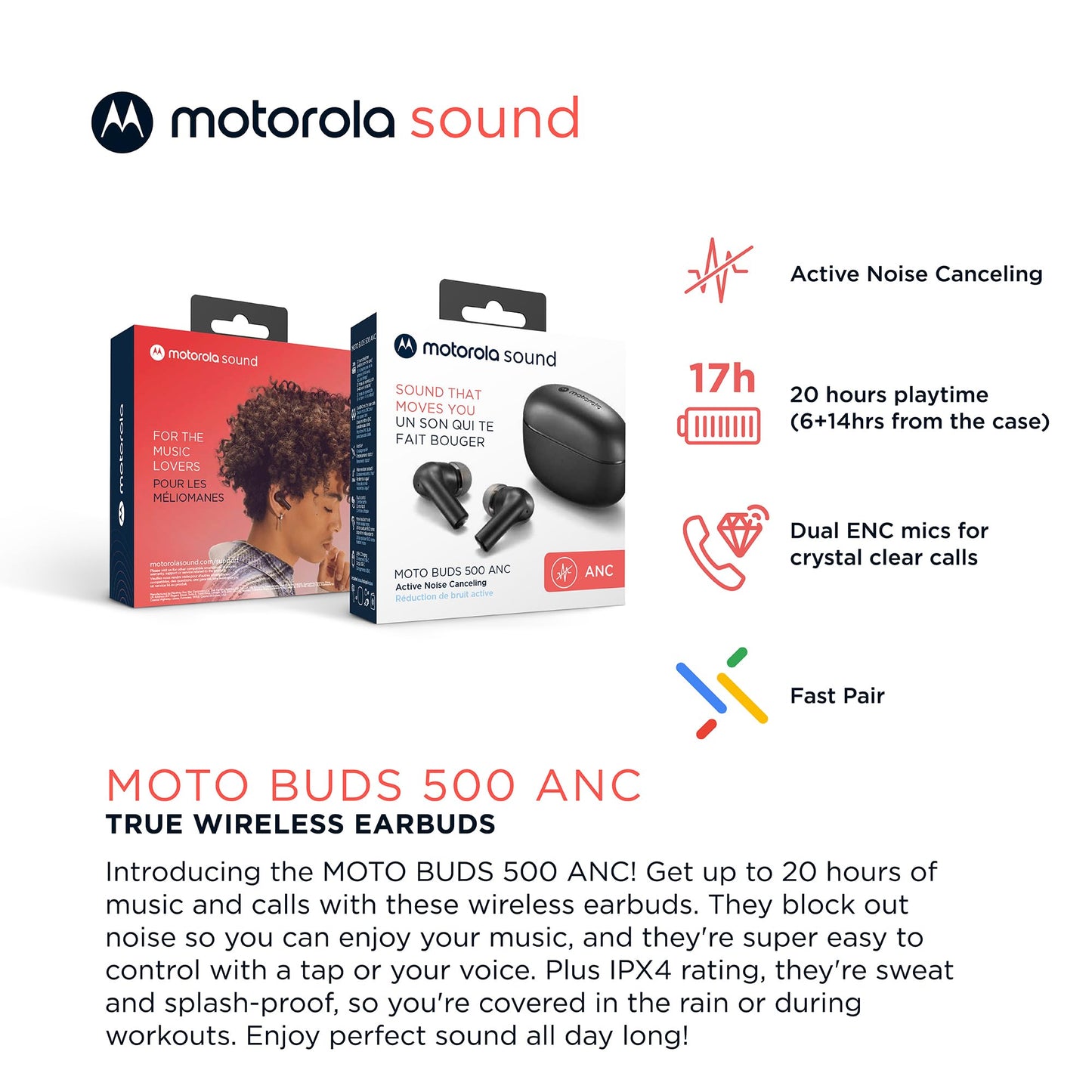 Motorola Sound Moto Buds 500 ANC True Wireless Earbuds, IPX4 Water Resistant Touch Control Ear Buds with Dual Noise Cancelling Microphone, Charging