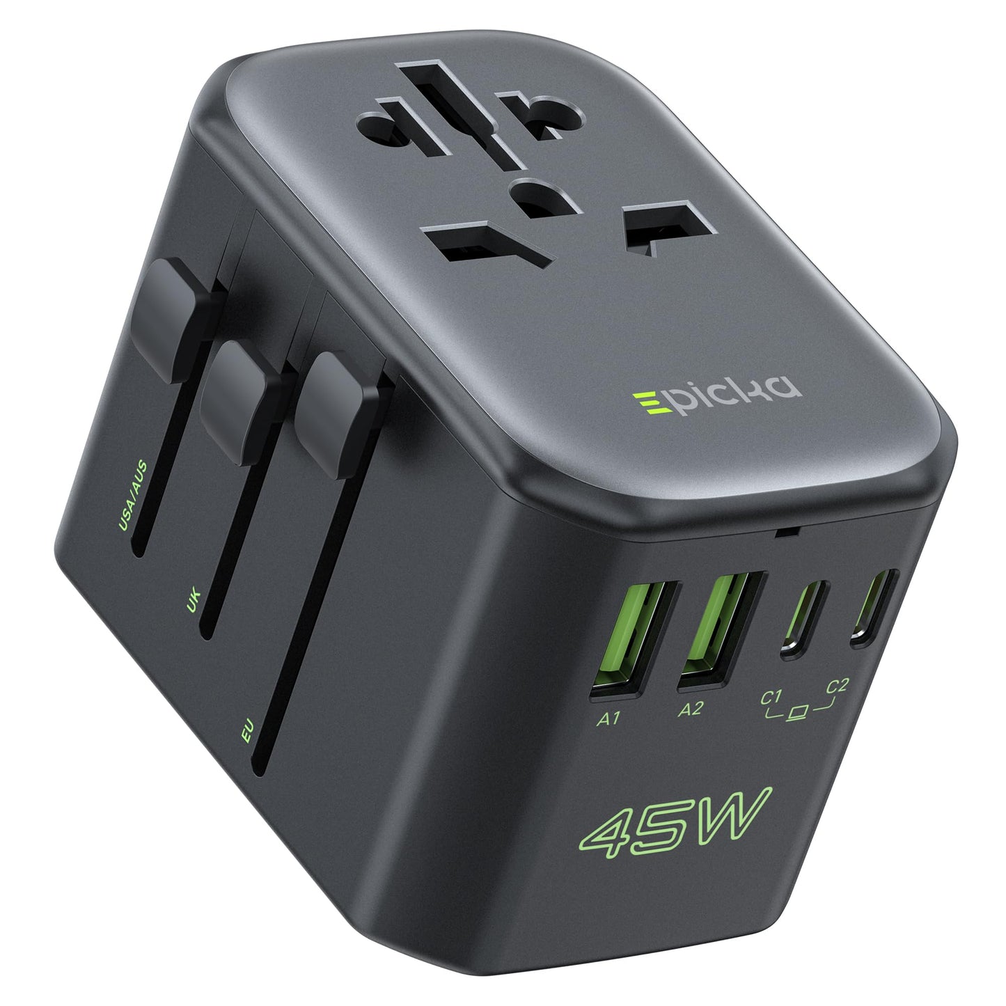 EPICKA Pulse 45W European Travel Adapter – Universal Power Adapter with 5 Ports (1 AC, 2 USB-A, 2 USB-C) PD Fast Charger for EU & Japan
