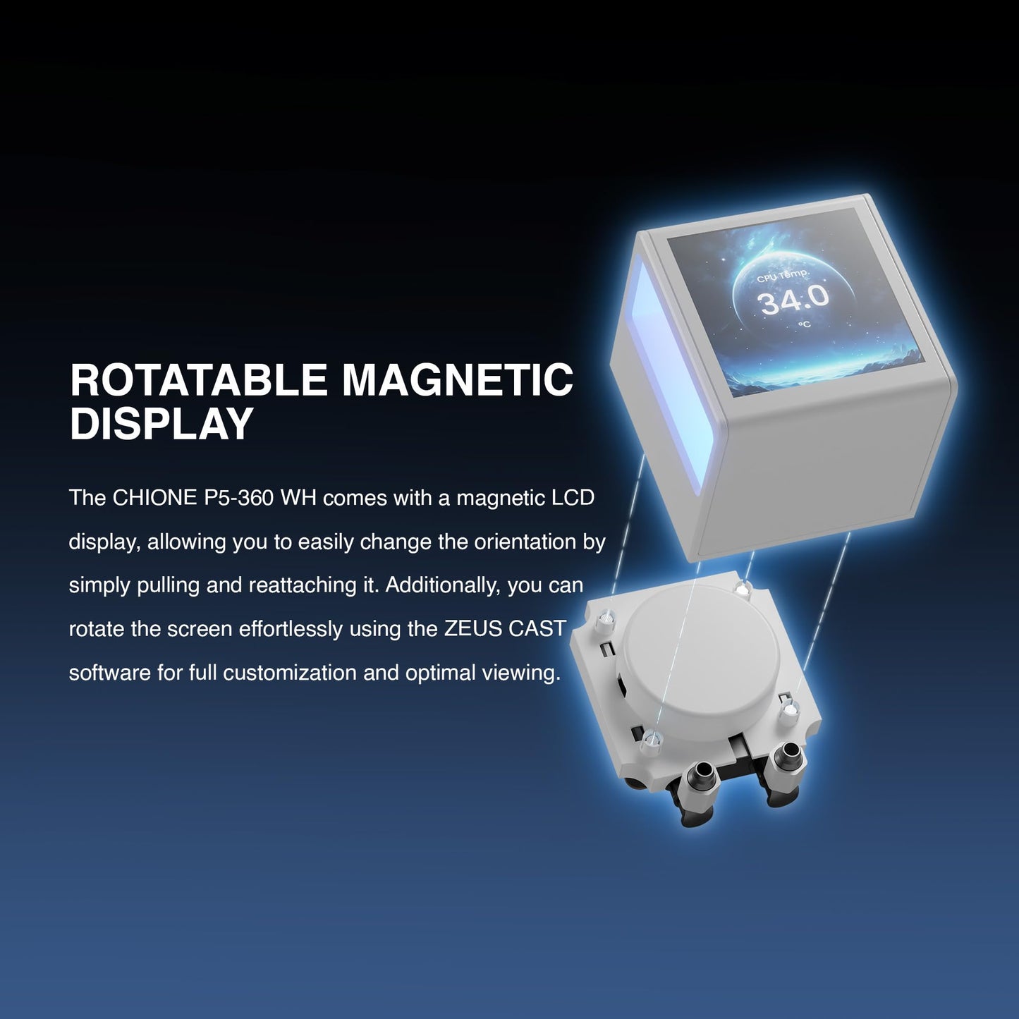 GAMDIAS CHIONE P5-360 Liquid CPU Cooler, 360mm AIO w/Customizable 3.4'' IPS LCD, Rotatable Magnetic Pump, Hidden Cable Fan (Daisy-Chained), Support