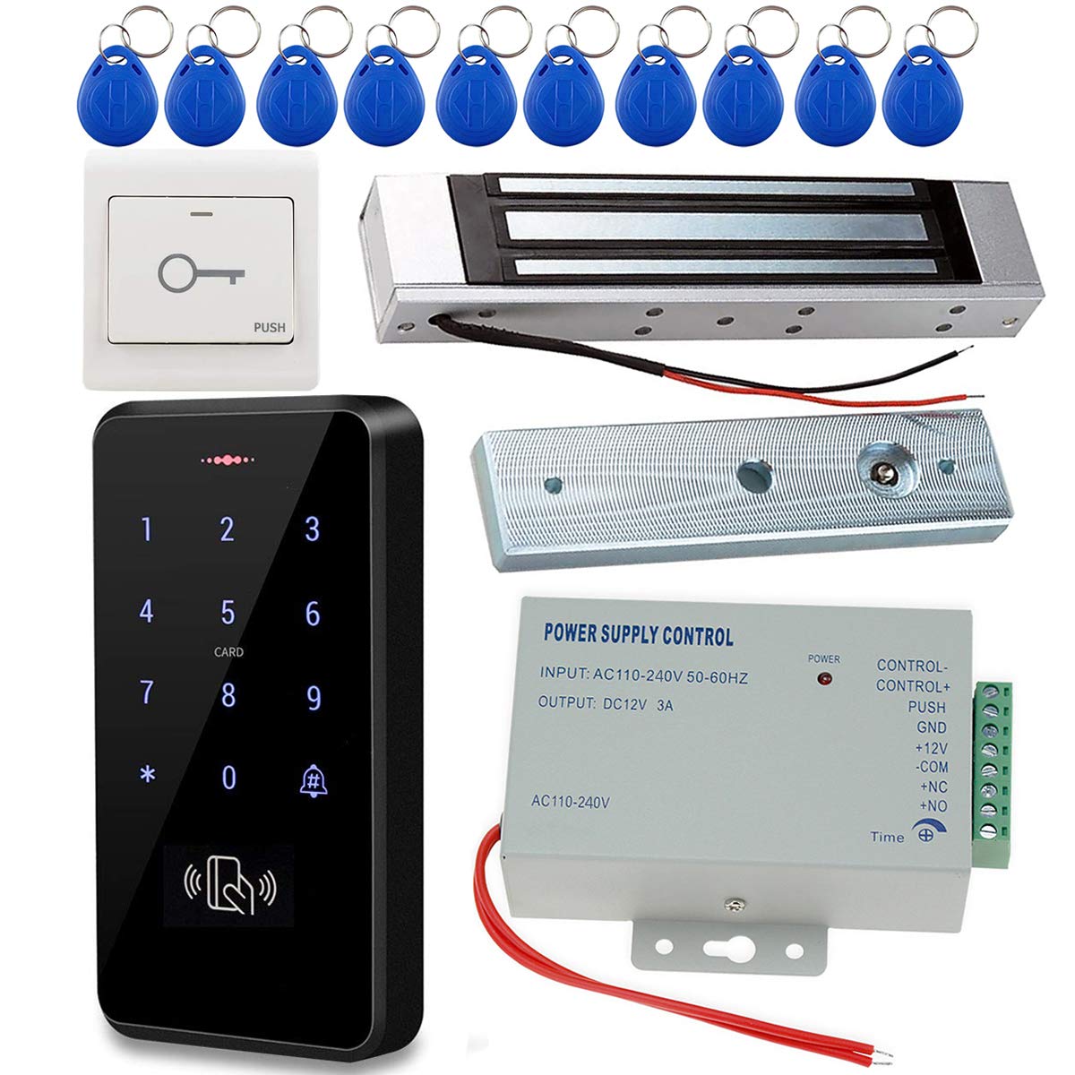 JASAG Complete Access Control Set, 125KHz Fully Waterproof RFID Keypad(3000 Users Capacity) + 180KG/380lbs Magnetic Door Lock + DC12V 3A Power Supply