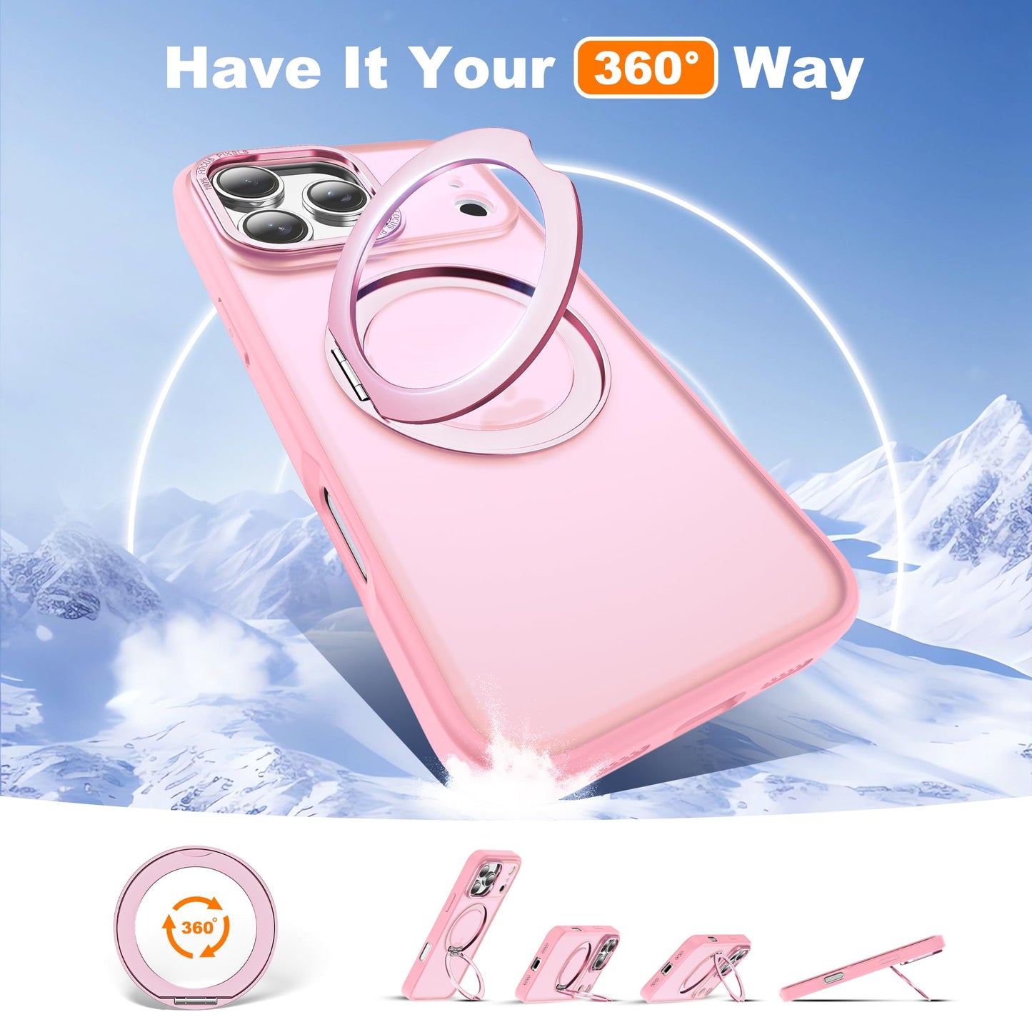 Zalinbo for iPhone 17 Pro Case with 360° Rotatable Magnetic Ring Stand Compatible with Mag-Safe Military Protection Matte Translucent Phone Case