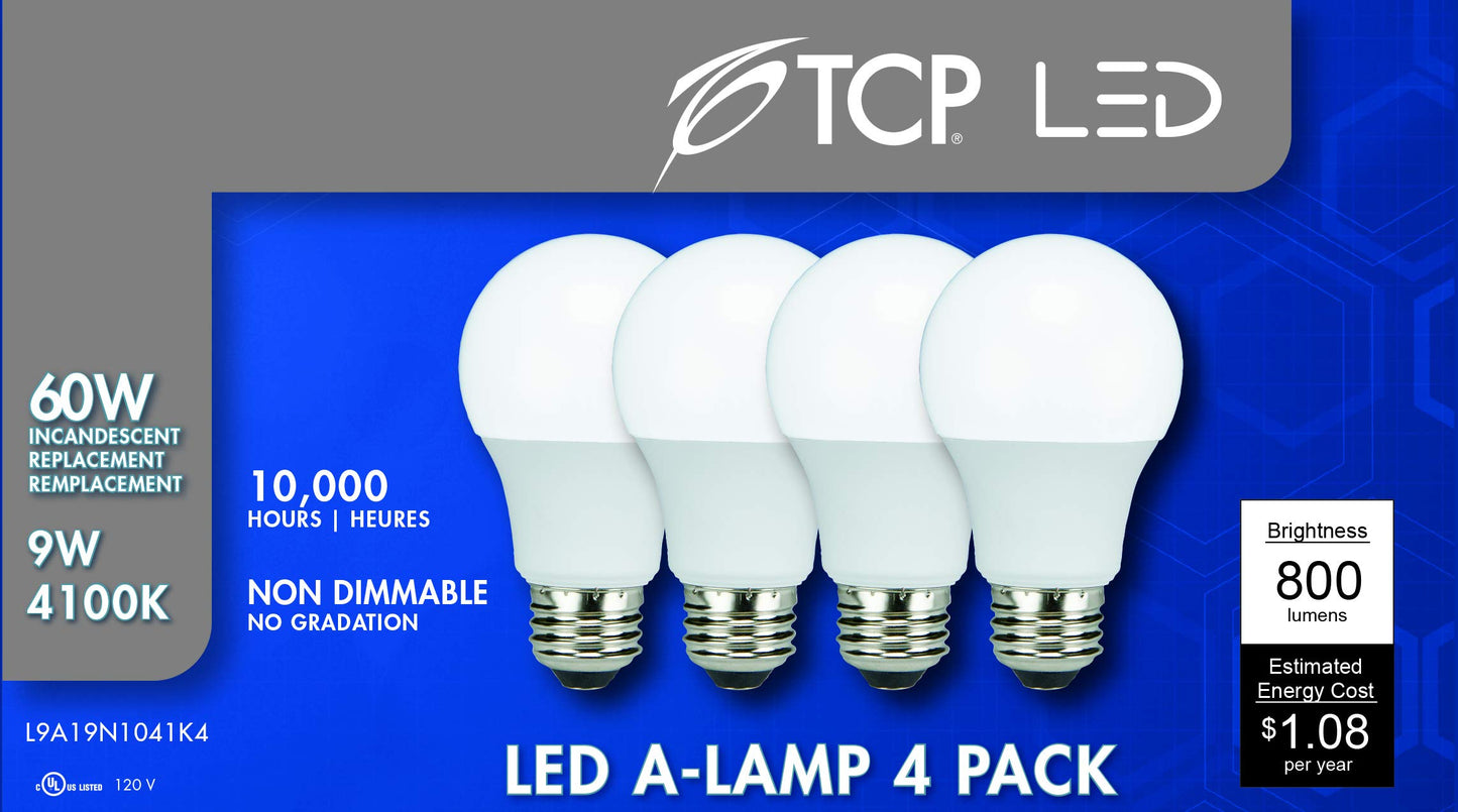TCP LED 60 Watt Equivalent A19 | 4 Pack | Cool White (4100K) Shatter Resistent | 800 Lumens | 10,000 Hours | Non-Dimmable Light Bulbs