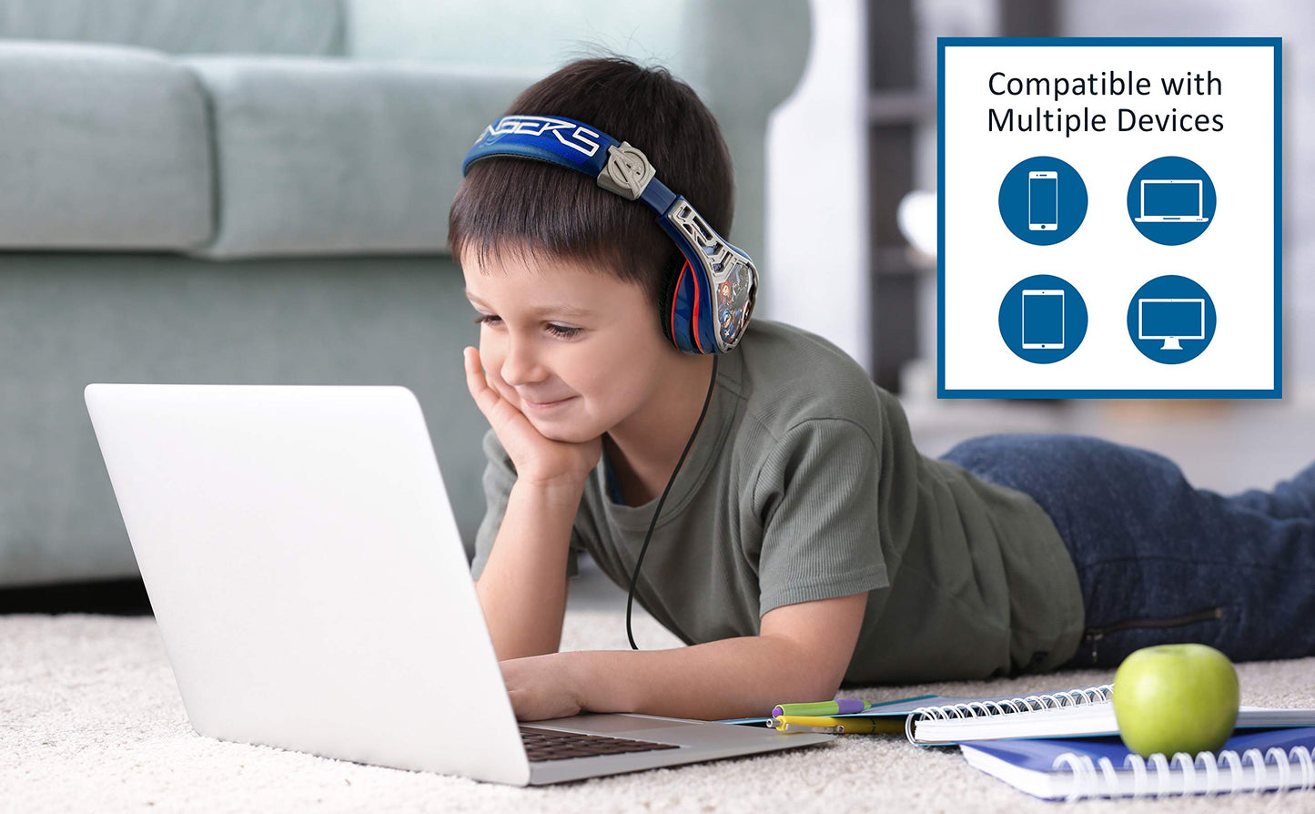 eKids Avengers Headphones for Kids, Wired Headphones for School, Home or Travel, Tangle Free Stereo Earphones with Volume Control, 3.5mm Jack,