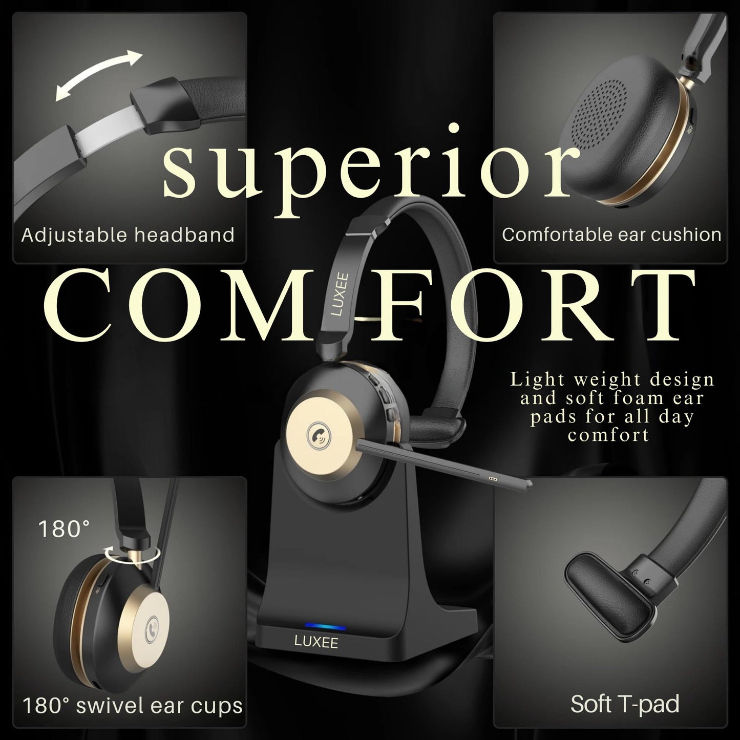 LUXEE Bluetooth Headset, Wireless Headphones with Microphone for Work, Noise Cancelling Clear Call for Meeting for Windows, Perfect for Call