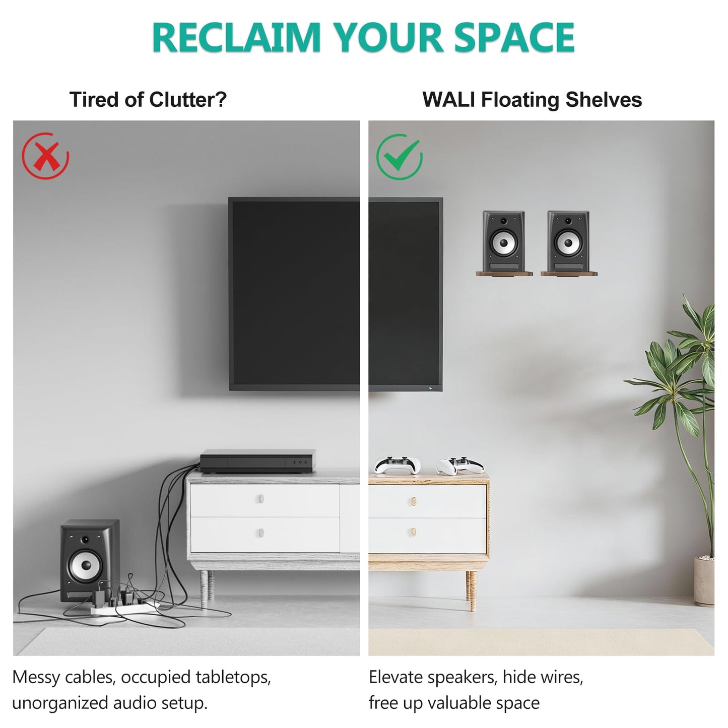 WALI Speaker Wall Mount, Heavy Duty Bookshelf Speaker Floating Wall Shelves, Surround Sound Speakers Stand for Living Room, Home Theater and Gaming