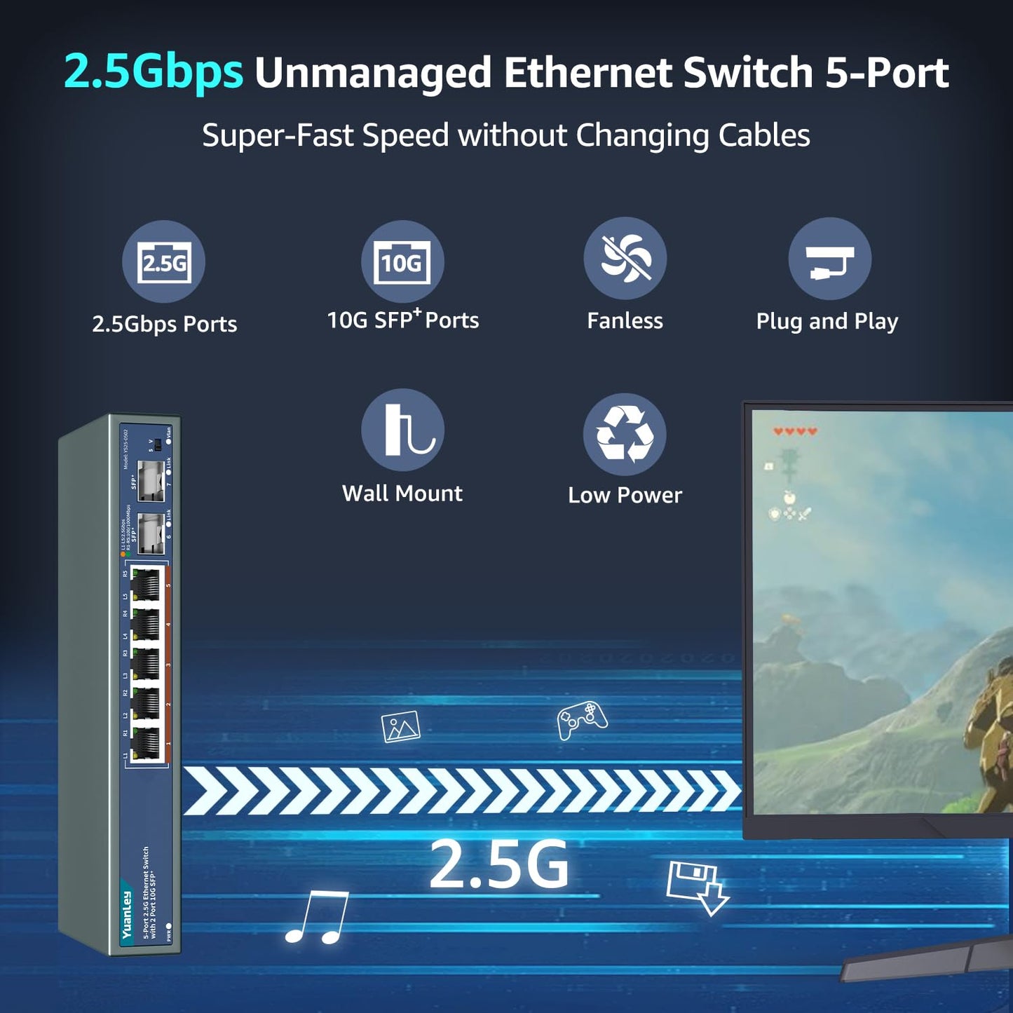 7 Port 2.5G Unmanaged Ethernet Switch, 5 x 2.5G Base-T Ports, 2 x 10G SFP, Compatible with 100/1000/2500Mbps, VLAN, Fanless, Desktop/Wall Mount