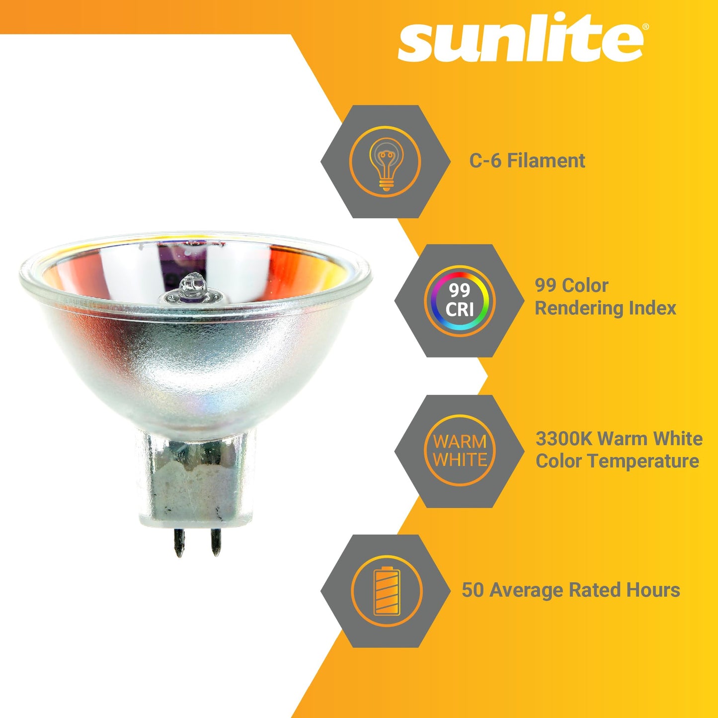 Sunlite MR16 EFM Clear Reflector Light Bulb, 50 Watts, 8V, 2-Pin GX6.35 Base, 99 CRI, 6.25A, 3300K Warm White, Ideal for Home Improvement, Landscape