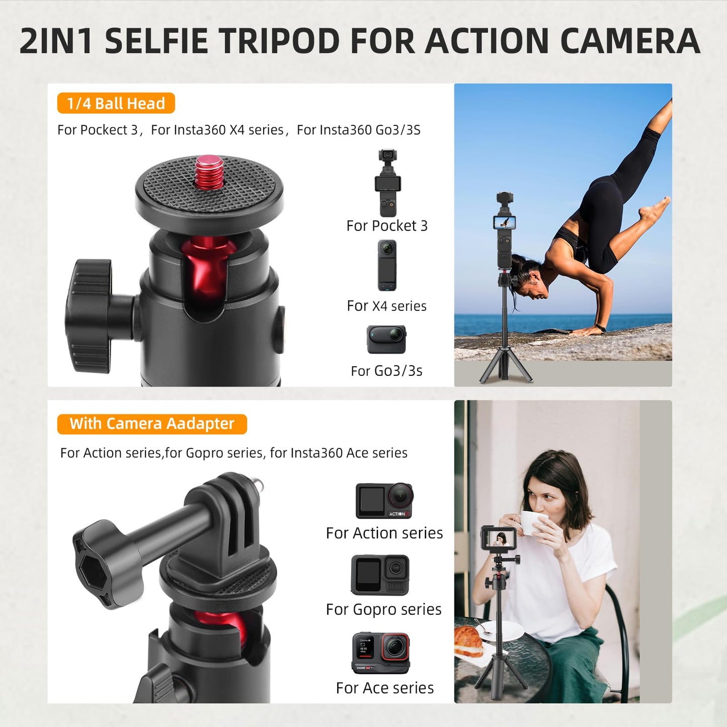 Flymile 12" Pocket 3 4 Tabletop Selfie Stick Tripod for DJI Osmo Action 6/5/4/360, Portable Desktop Mini Mount Stand for GoPro, for Insta360 Ace Pro