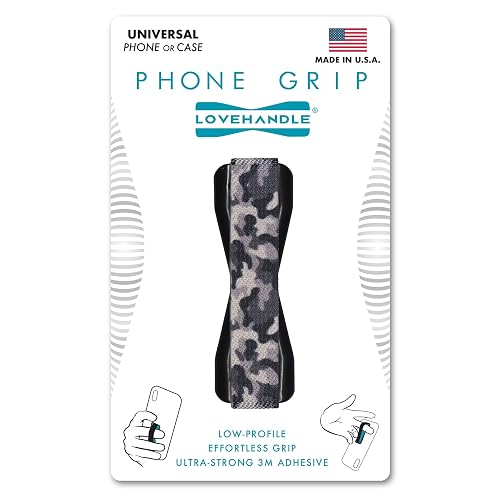 LOVEHANDLE Universal Phone Grip for Smartphones & Mini Tablets - Phone Holder for Hand - Wireless Charging Compatible - Made in The USA - Camo Gray