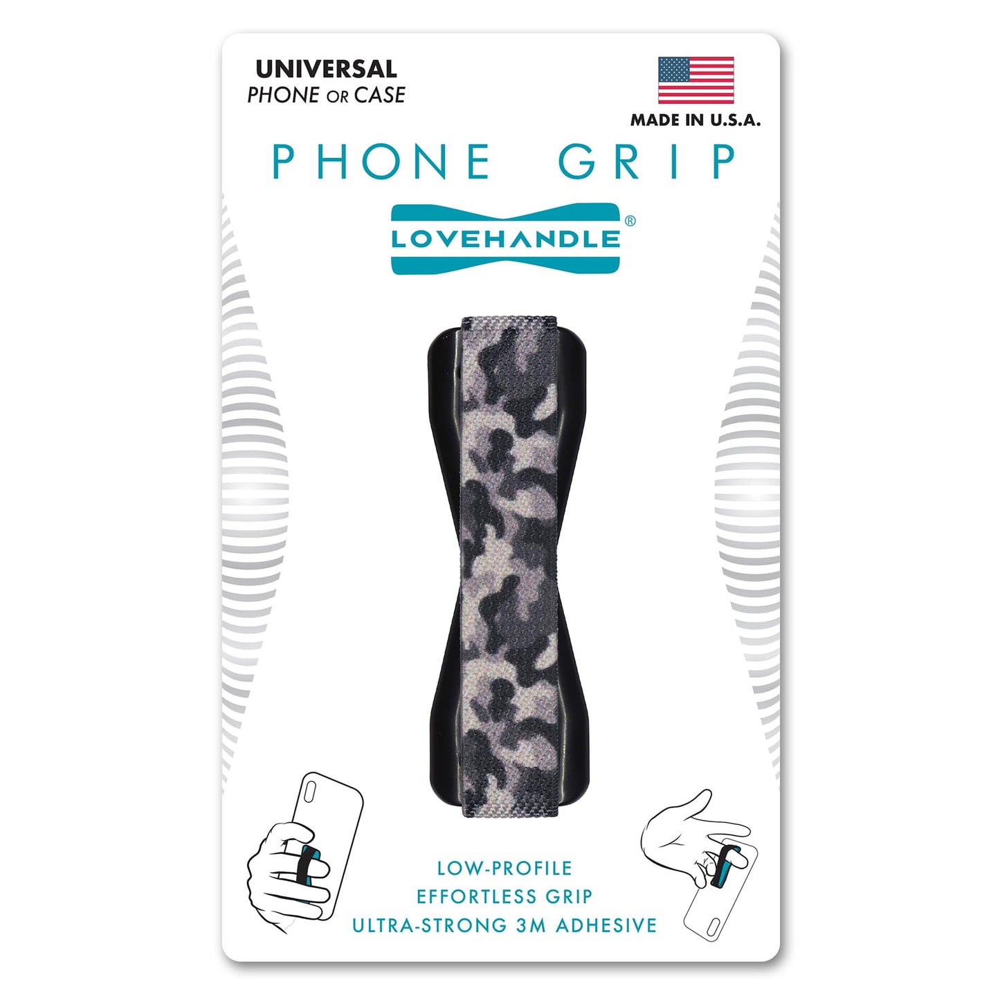 LOVEHANDLE Universal Phone Grip for Smartphones & Mini Tablets - Phone Holder for Hand - Wireless Charging Compatible - Made in The USA - Camo Gray