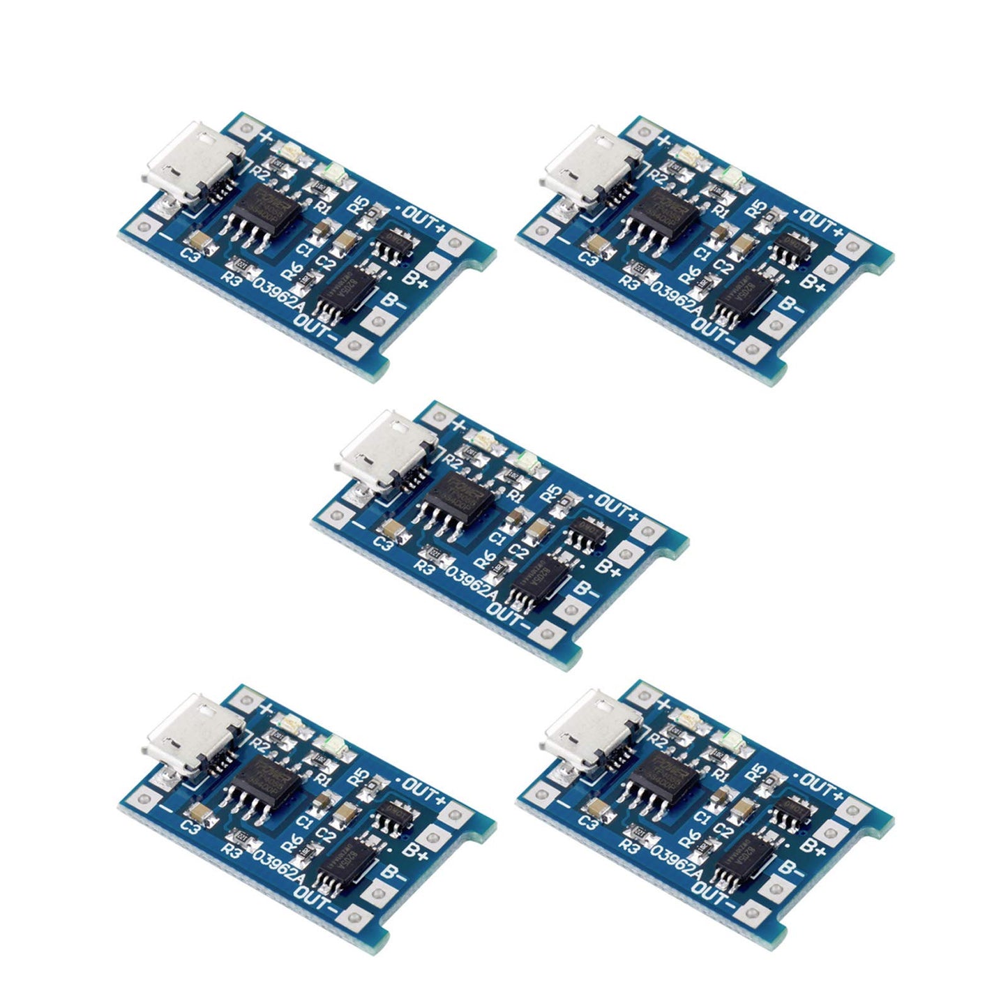 Enhanced Dual Function Micro-USB Powered 5V 1A 1S LiPo Battery Charger TP4056 Module with Internal DW01A Battery Protection IC (5 Pack)
