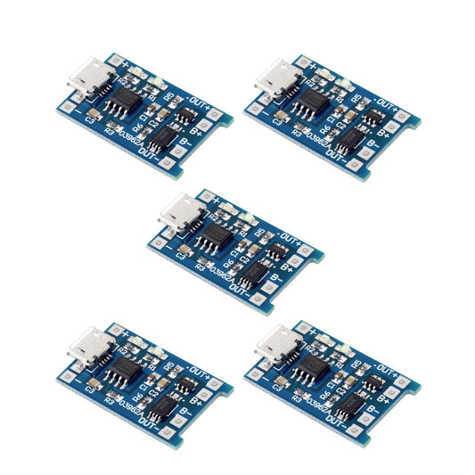 Enhanced Dual Function Micro-USB Powered 5V 1A 1S LiPo Battery Charger TP4056 Module with Internal DW01A Battery Protection IC (5 Pack)