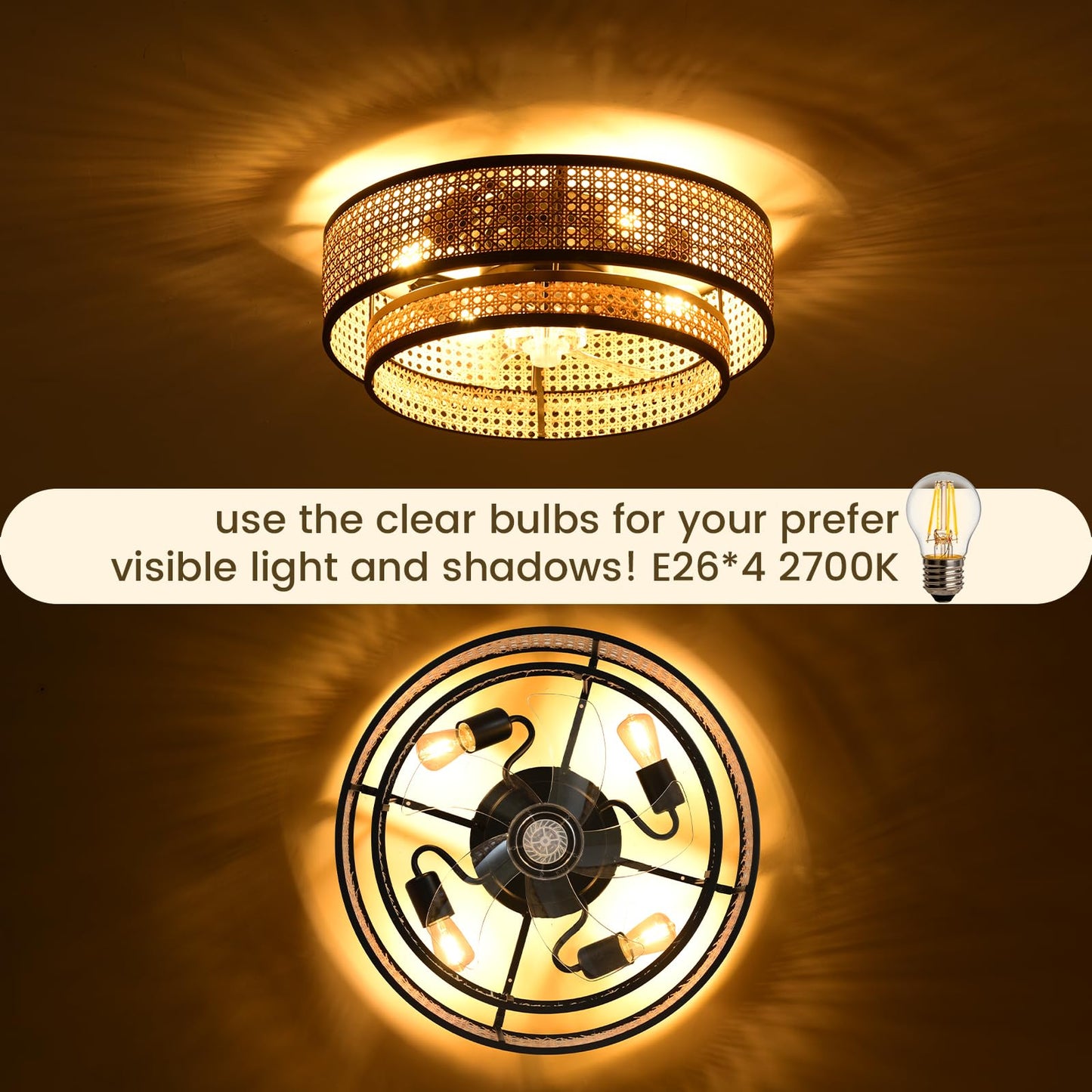 OYYPTDZM 20" Caged Ceiling Fan with Light, Rattan Boho Chandelier Fan