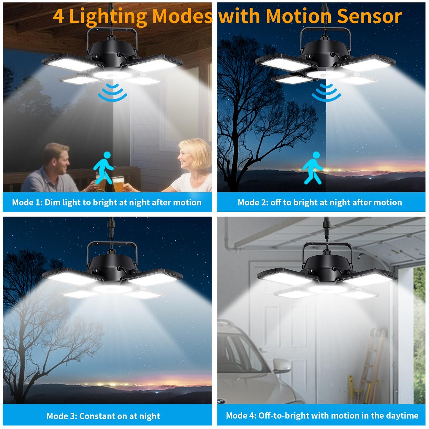 Auzev Solar Shed Light Indoor Outdoor Upgrade 176 LED 4 and 1 Heads Solar Powered Motion Sensor Pandent Daytime Work Lights with 4 Modes Remote