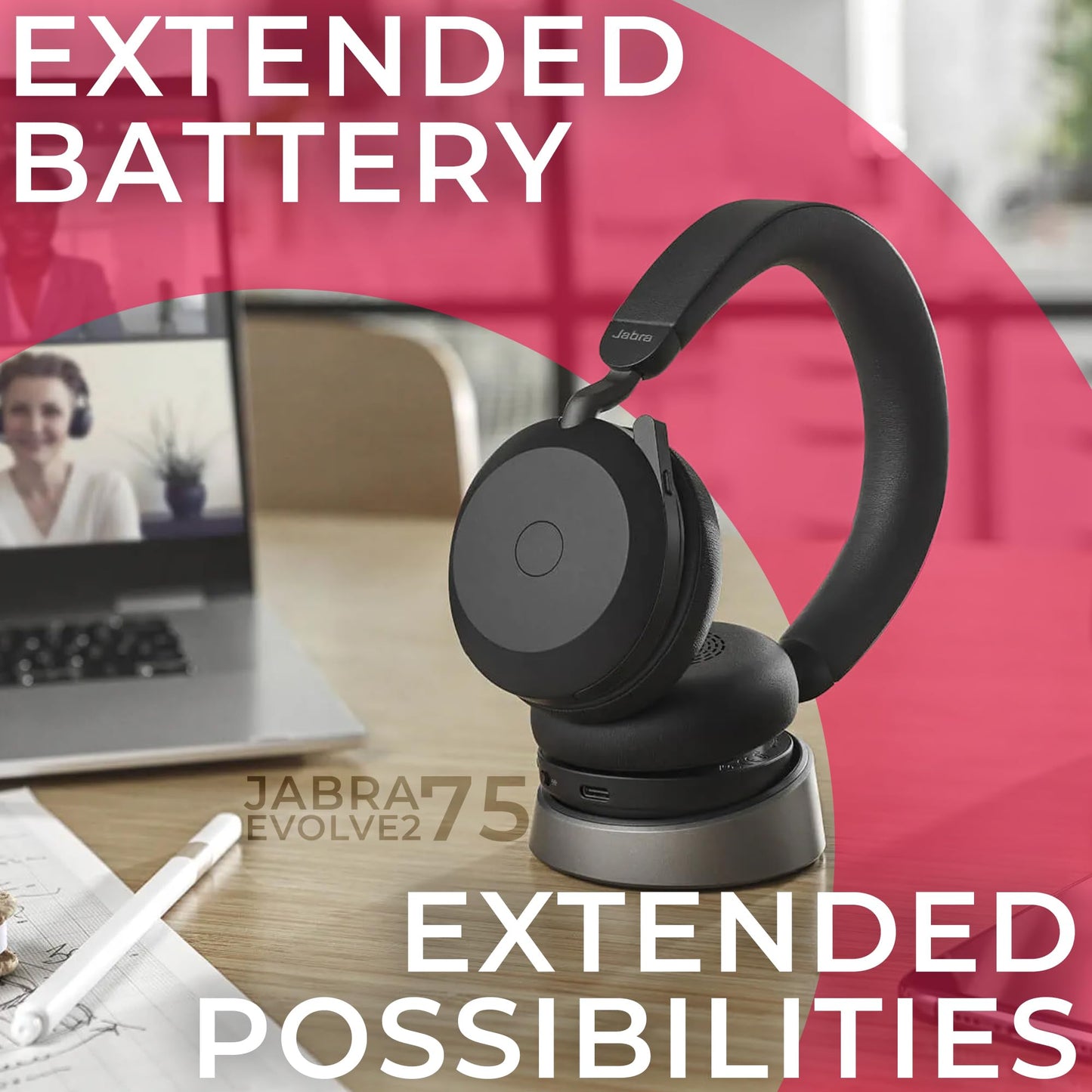 Jabra Evolve2 75 Wireless Headset Stereo UC w/Charging Headset Stand, USB Dongle, Compatible w/Zoom, RingCentral, Smartphones, Tablets, PC/MAC…