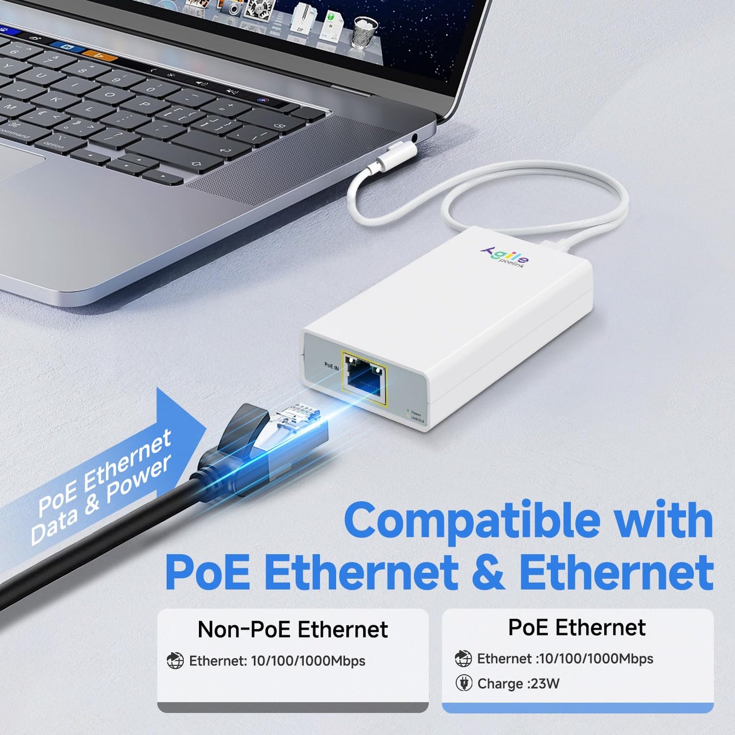 Gigabit PoE to USB C Converter for Smart Phone/Tablet, USB-C to Ethernet Adapter with 23W Charging, Power & Data 2-in-1 RJ45 Port to Type-C Adapter