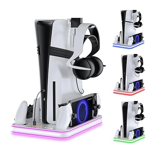 Stand and Cooling Station for PS5/PS5 Slim/PS5 Pro with RGB LED Controller Charging Dock Accessories, Charger for PlayStation 5 Controller and PS