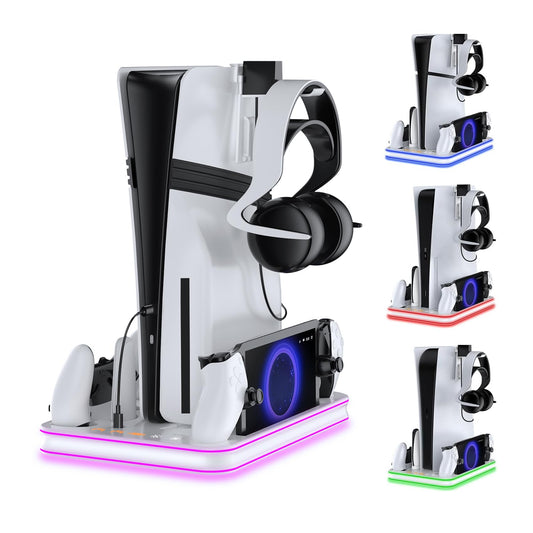 Stand and Cooling Station for PS5/PS5 Slim/PS5 Pro with RGB LED Controller Charging Dock Accessories, Charger for PlayStation 5 Controller and PS