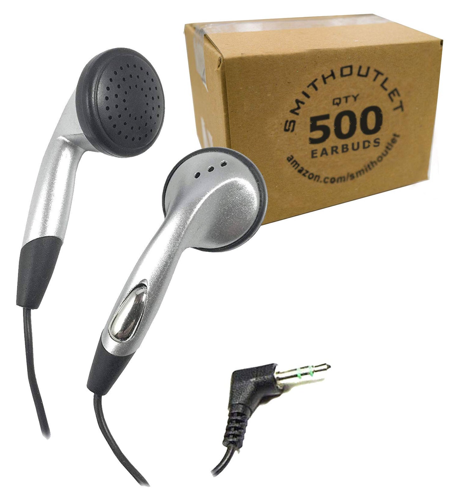 SmithOutlet 500-Pack Bulk Earbuds for Schools, Students, Classrooms - Individually Packaged - 3.5mm Wired Plug - Part SG-ID8-500 - Silver