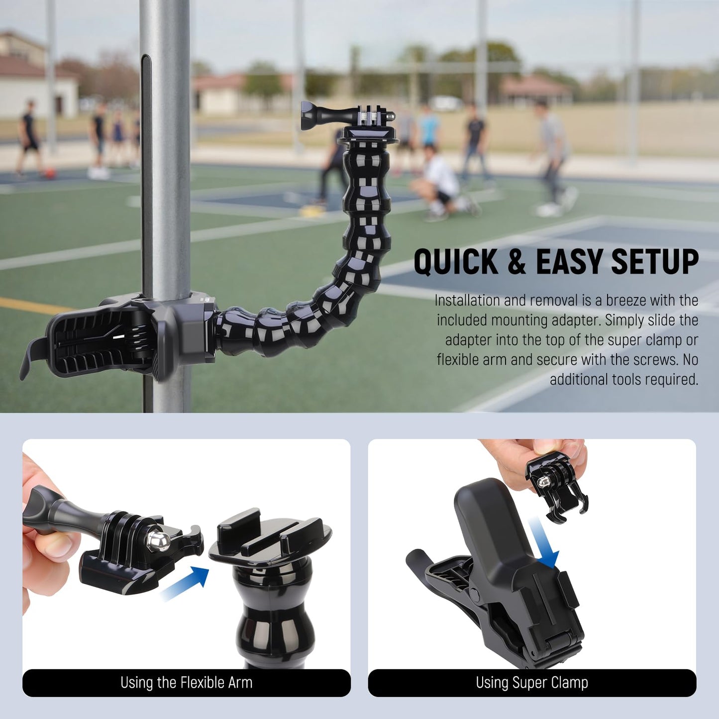 NEEWER Flexible Clamp Mount Compatible with GoPro DJI Action Cameras, Jaw Flex Super Clamp Holder, Desk Pole Clip Mount with Tube & Adapter