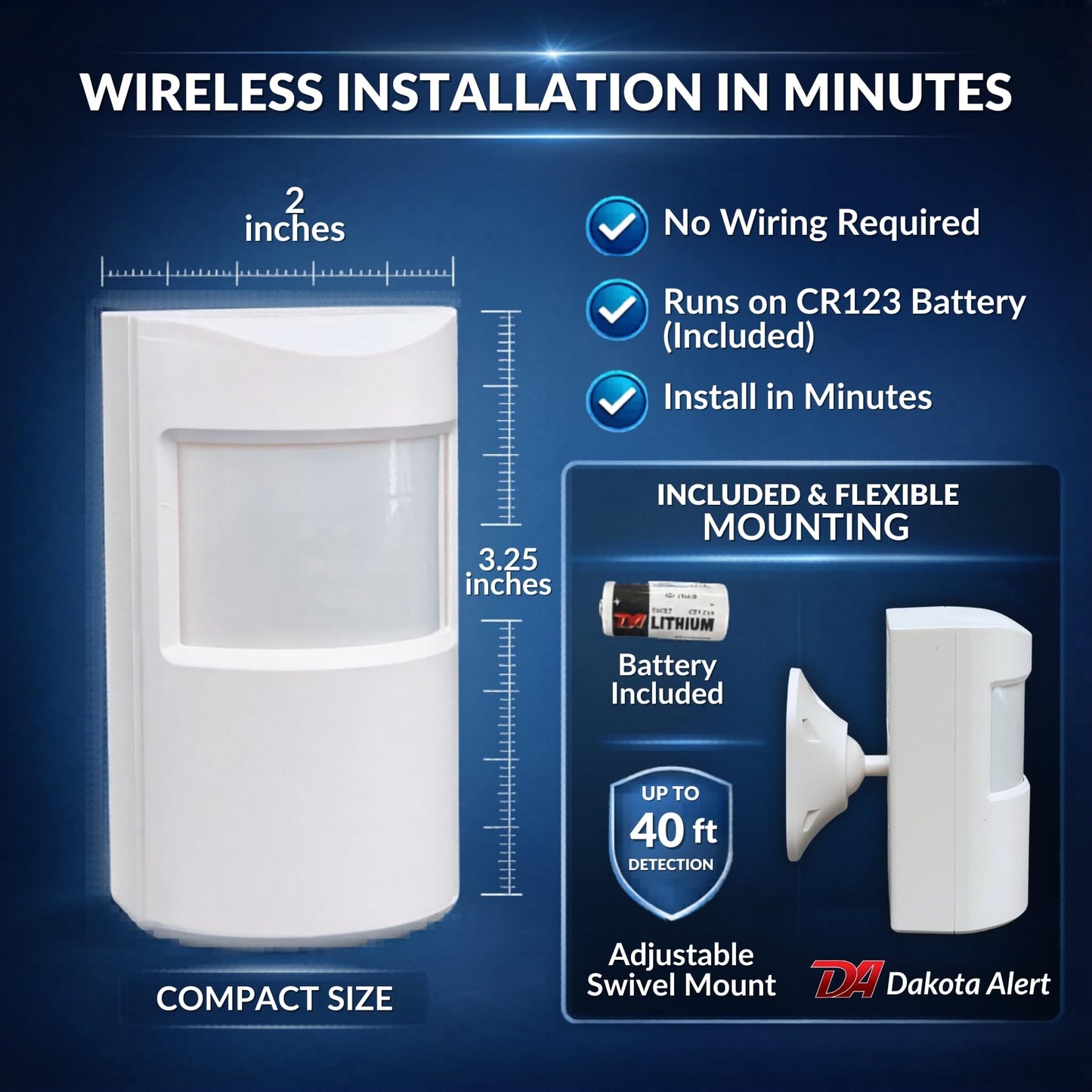 Dakota Alert Wireless Motion Detector - PIR-4000 Indoor Passive Infrared Sensor, Battery-Operated, Long Range Infrared Sensor Detects People up to 40'