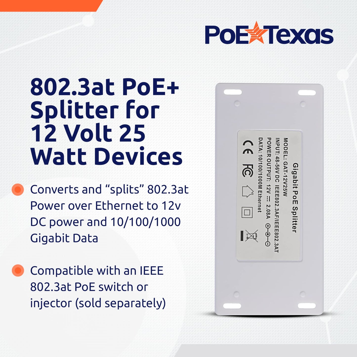 PoE Texas 12 Volt PoE+ - IEEE 802.3at - Splitter Splits Power Over Ethernet to 12v DC & Gigabit Data with Opto-Isolation Protection for 12v 25w