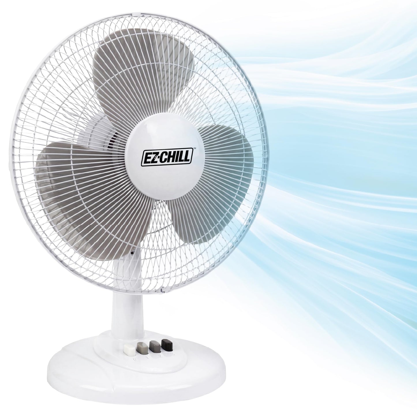 EZ-CHILL 16” Oscillating Table Fan with Adjustable Tilt, Convenient Push Button Controls, Quiet, 3 Speed, Desk Fan, Airflow 15.75 ft/sec, Ideal