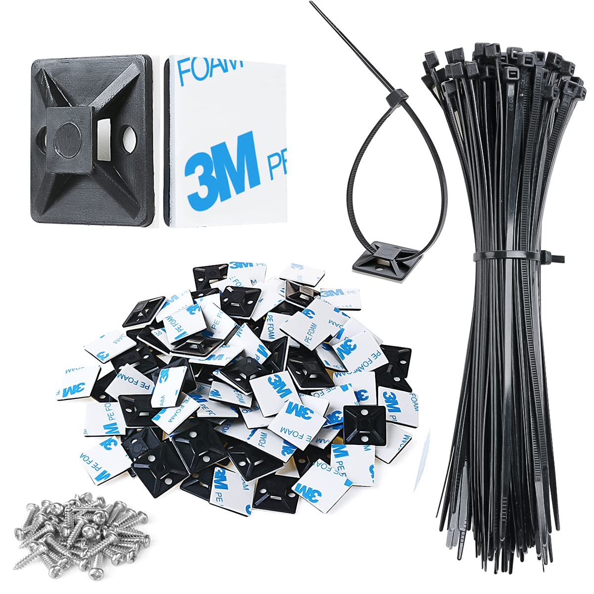 XHF 3/4" Strong Back-Glue Self Adhesive Black Cable Zip Tie Mounts 100pcs with 8" Zip Ties, Screws, UV Protection Outdoor Sticky Wire Fasteners Cable