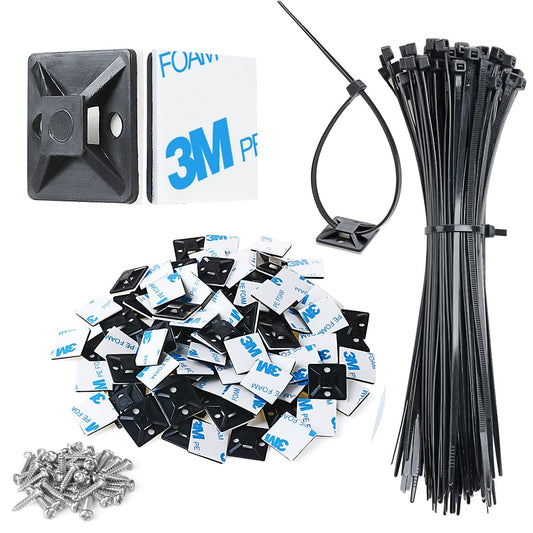 XHF 3/4" Strong Back-Glue Self Adhesive Black Cable Zip Tie Mounts 100pcs with 8" Zip Ties, Screws, UV Protection Outdoor Sticky Wire Fasteners Cable