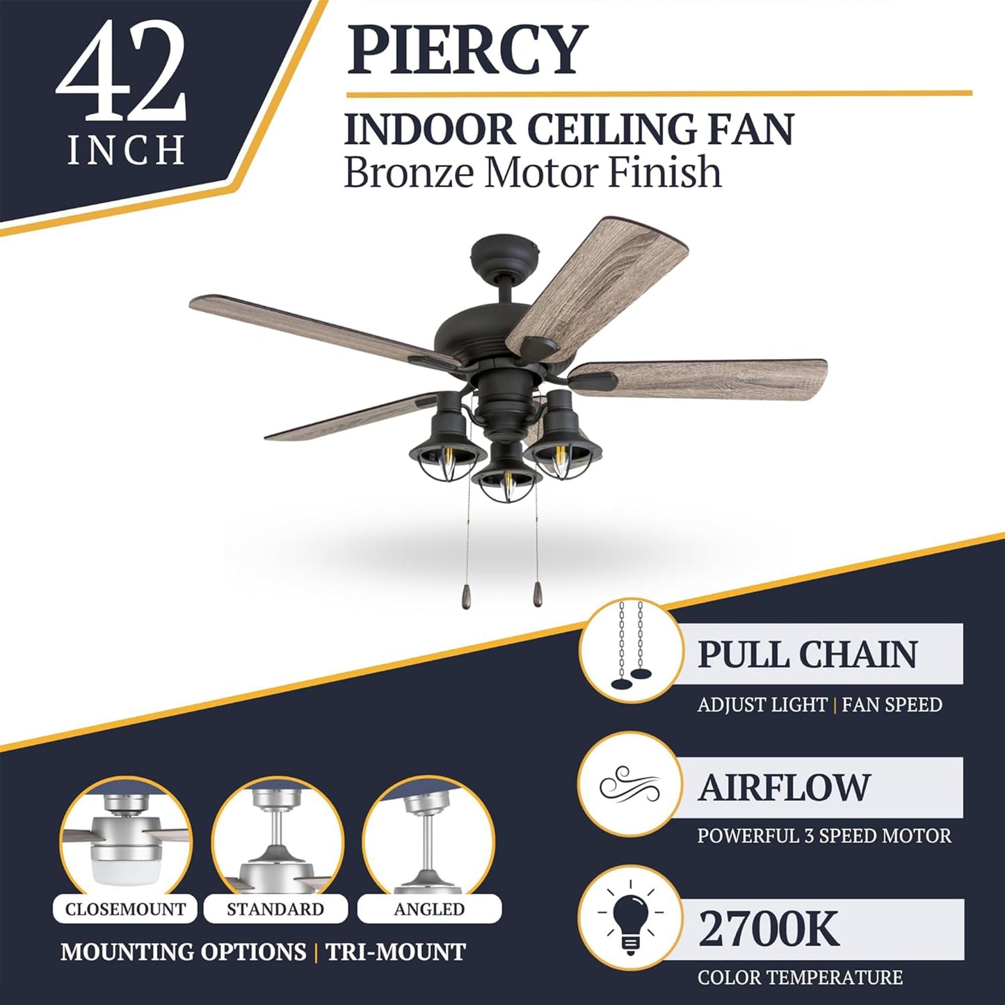 Prominence Home Piercy Farmhouse LED Ceiling Fan with Light, Pull Chain, 3 Mounting Options, 5 Dual Finish Blades and Reversible Motor, 42"