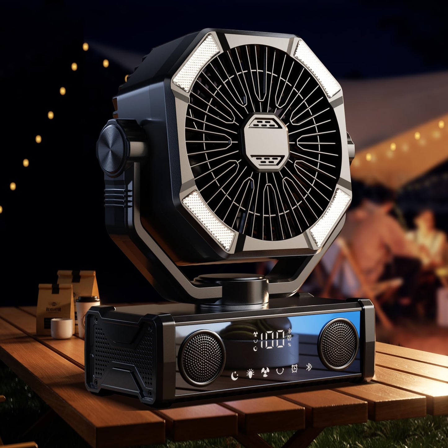 Portable fan rechargeable with 5.3 Bluetooth Speaker, 25000mAh Camping Fan with 5 Speed Touch Control & 3-Mode LED Light, Remote, USB/Type-C Ports